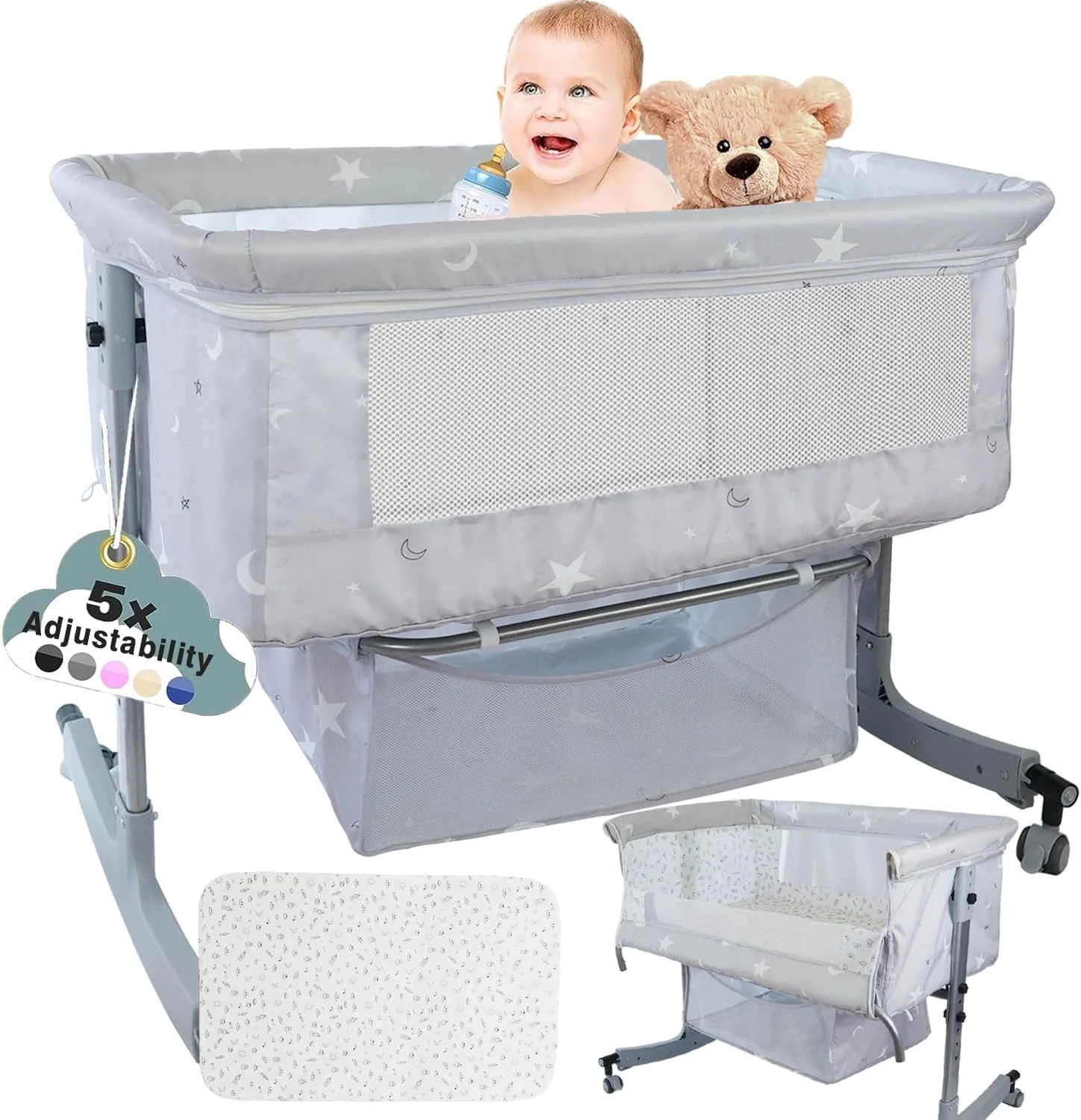 تخت نوزاد کنار تخت مادر – تخت خواب گهواره ای نوزاد با گهواره راکینگ، توری پشه بند تنفسی، شیب ضد رفلاکس، هم خوابی بدون درز، ارتفاع قابل تنظیم و سبد ذخیره سازی جادار