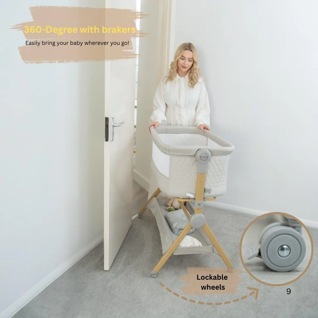 گهواره نوزاد 3 در 1 با چرخ، تخت خواب کنار تخت قابل حمل برای نوزاد، 3 ارتفاع قابل تنظیم و تشک فوم، تخت کنار تخت برای نوزادان تازه متولد شده و نوزادان نوپا با سبد ذخیره سازی، کیف حمل گنجانده شده است