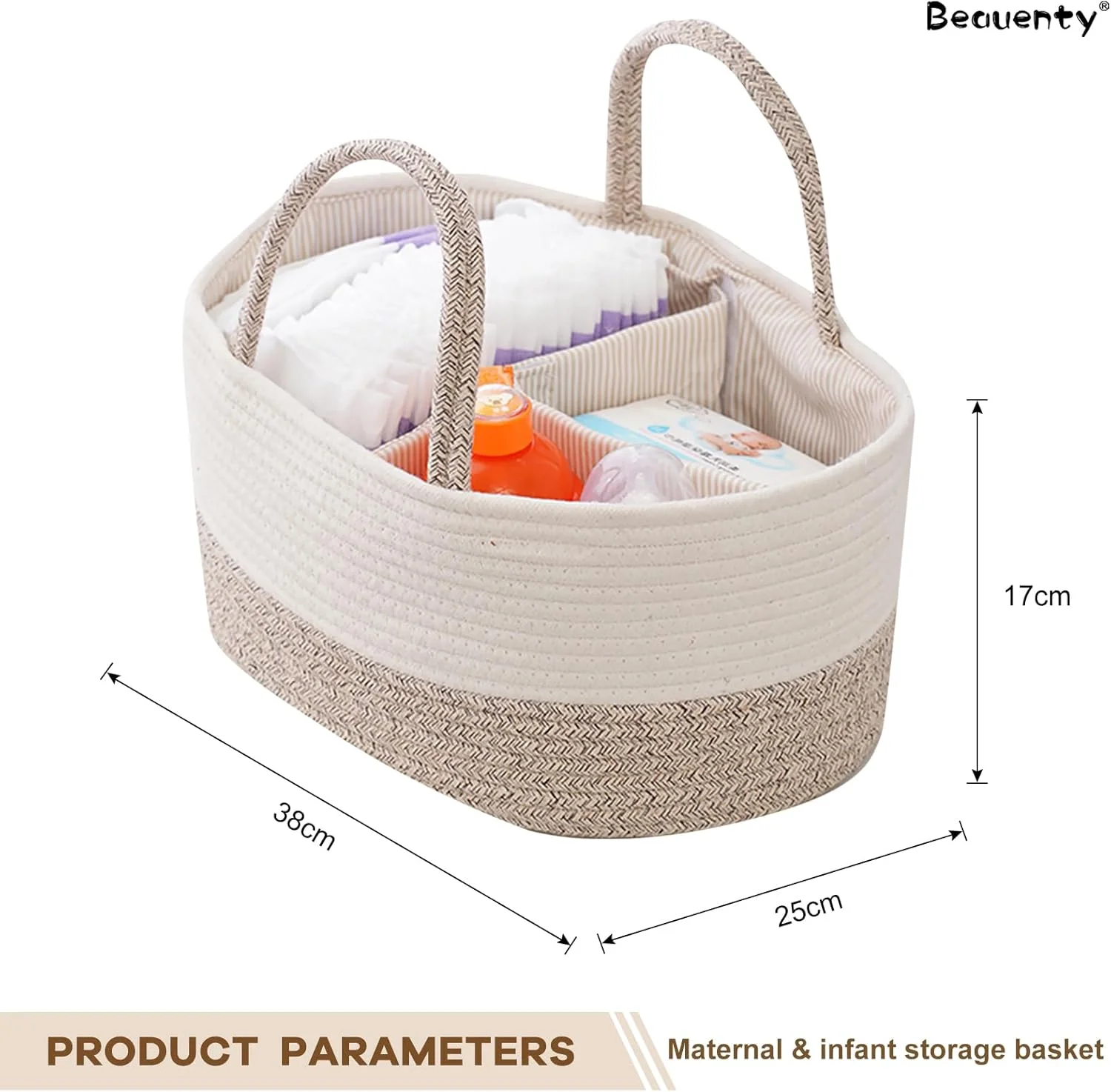 سبد نگهداری پوشک کودک Beauenty، سبد بافتنی طناب پنبه ای بیضی شکل با دسته، لوازم ضروری نوزاد، سازمان دهنده قابل حمل خودرو با جداکننده قابل جابجایی (دو رنگ طبیعی)