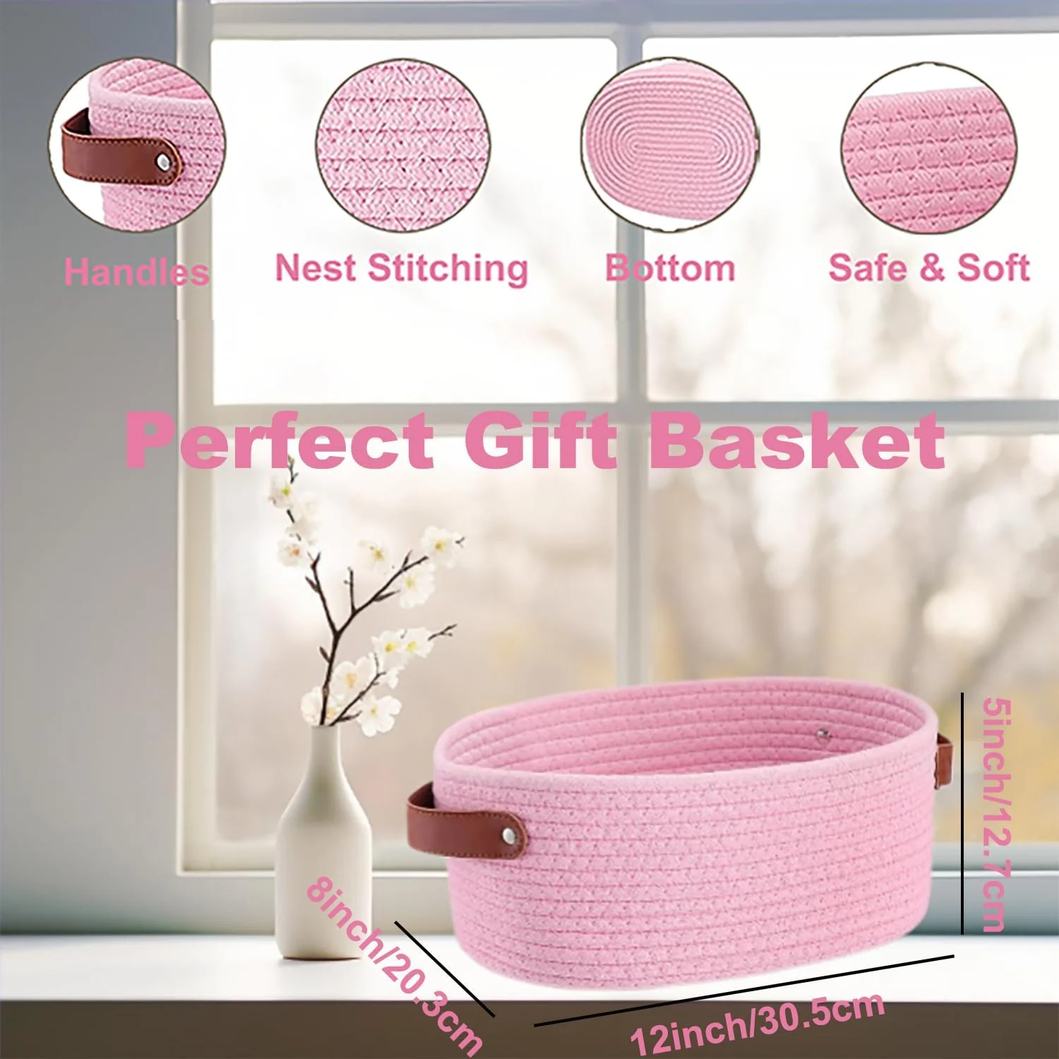 سبد هدیه با کیسه های هدیه و روبان، 30x20x12.5 سانتی متر سبد خالی بادوام برای هدیه، با دسته، ست هدیه DIY، برای هدیه تولد/جشن نوزاد (صورتی - 2 عدد)