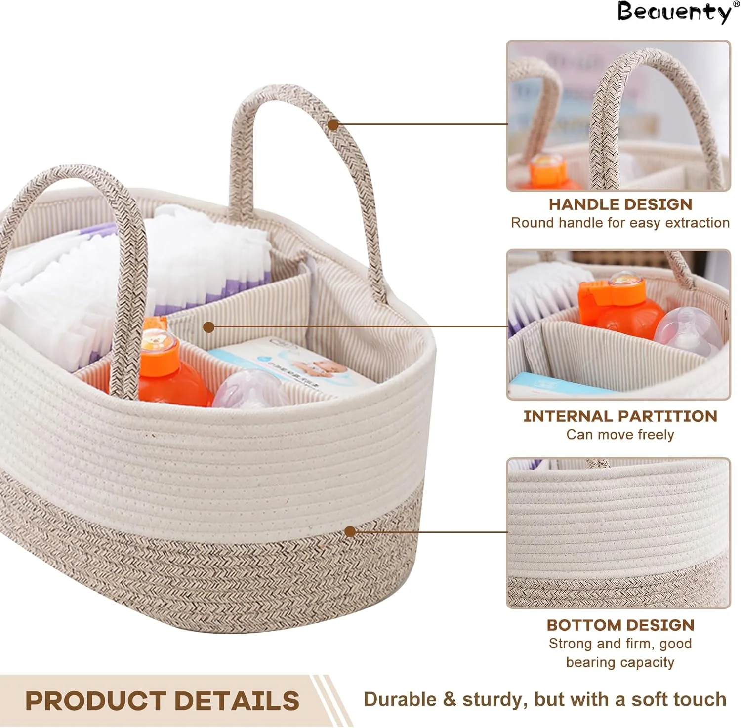 سبد نگهداری پوشک کودک Beauenty، سبد بافتنی طناب پنبه ای بیضی شکل با دسته، لوازم ضروری نوزاد، سازمان دهنده قابل حمل خودرو با جداکننده قابل جابجایی (دو رنگ طبیعی)