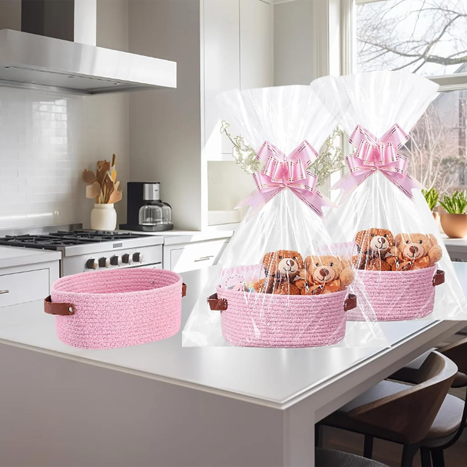 سبد هدیه با کیسه های هدیه و روبان، 30x20x12.5 سانتی متر سبد خالی بادوام برای هدیه، با دسته، ست هدیه DIY، برای هدیه تولد/جشن نوزاد (صورتی - 2 عدد)