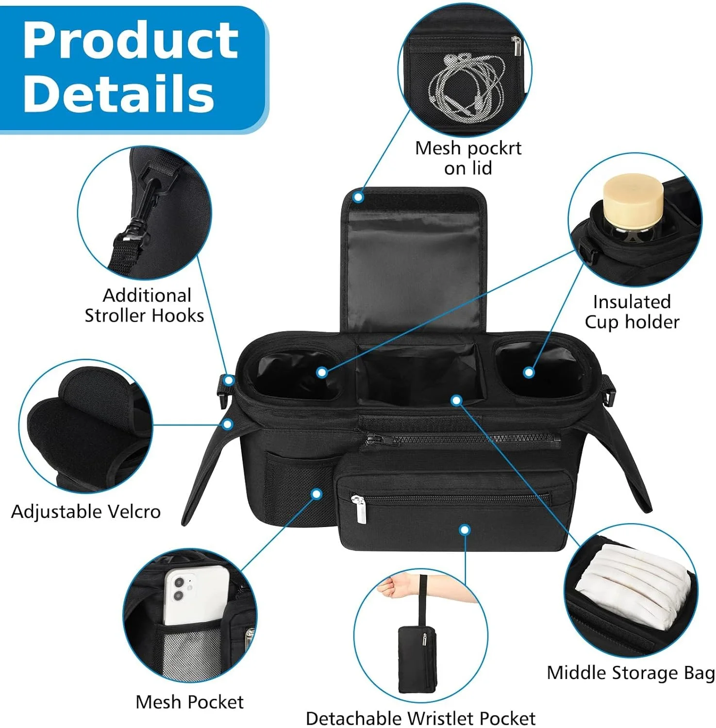 کیف ارگانایزر کالسکه Azonee، کیف آویز کالسکه، کیف پوشک با کیف توری تلفن، سبد آویز کالسکه کودک، جا لیوانی عایق دار، سبد آویز بطری کالسکه کودک کیف ارگانایزر کالسکه Azonee، کیف آویز کالسکه، کیف پوشک با کیف توری تلفن، سبد آویز کالسکه کودک، جا لیوانی عایق دار، سبد آویز بطری کالسکه کودک