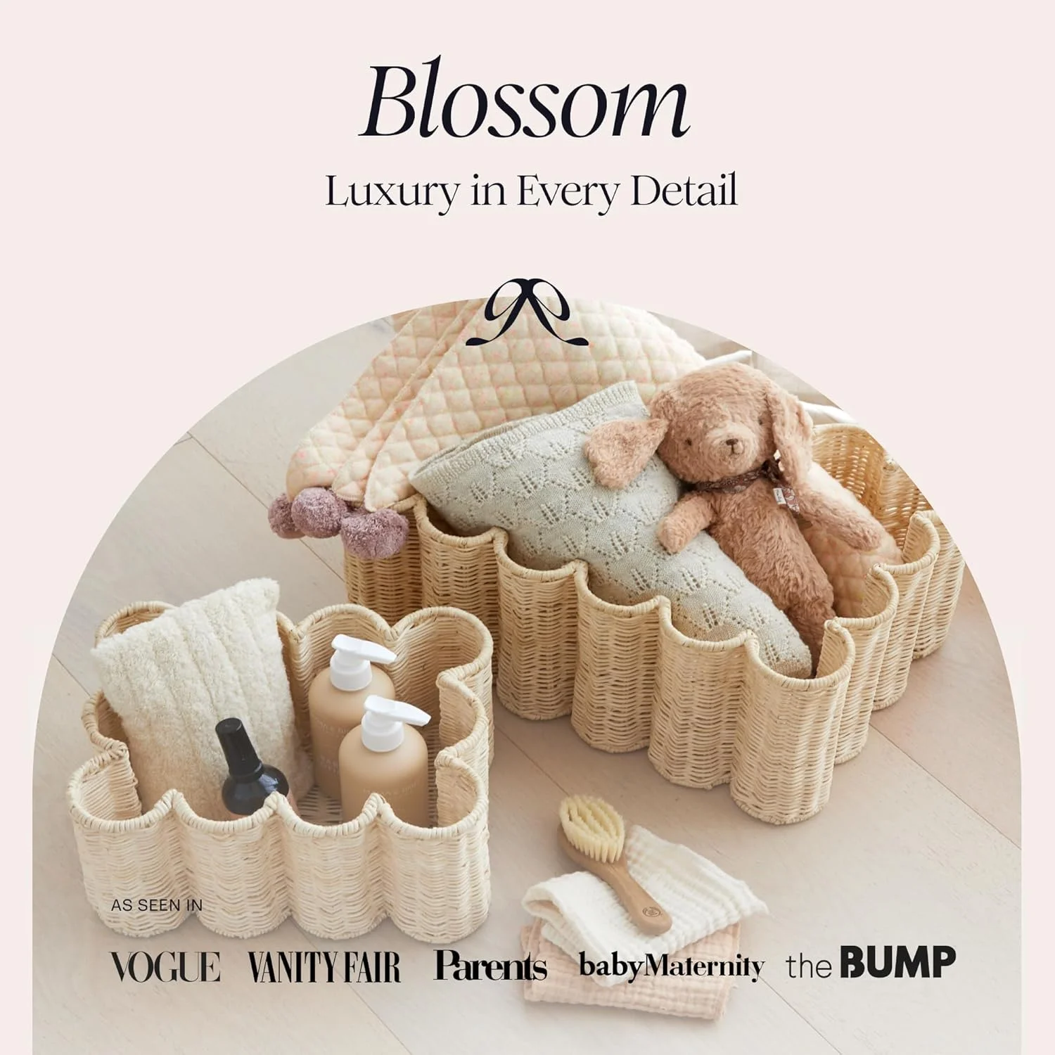 ست 2 عددی سبد حصیری موج‌دار و لبه‌دار BEBE BASK - سبد صدف - 40.64x25.4x17.78 سانتی‌متر - سبد حصیری دست‌بافت با لبه‌ی صدف‌مانند - مناسب برای اتاق کودک - (خاکی)