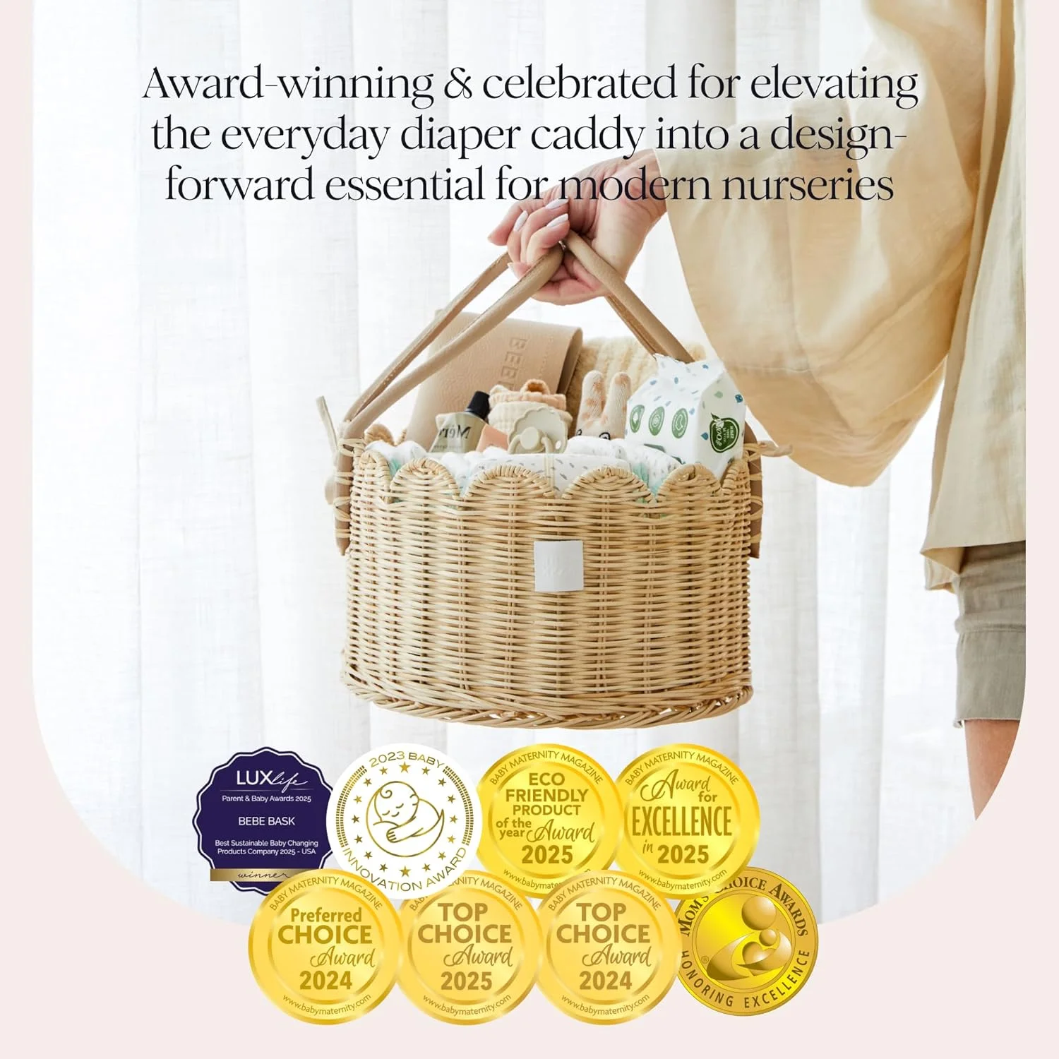 ارگانایزر لوازم کودک ممتاز BEBE BASK - سبد حصیری دالبری دست ساز و برنده جایزه - سبد لوازم کودک لوکس - لبه دالبری زیبا (طبیعی)