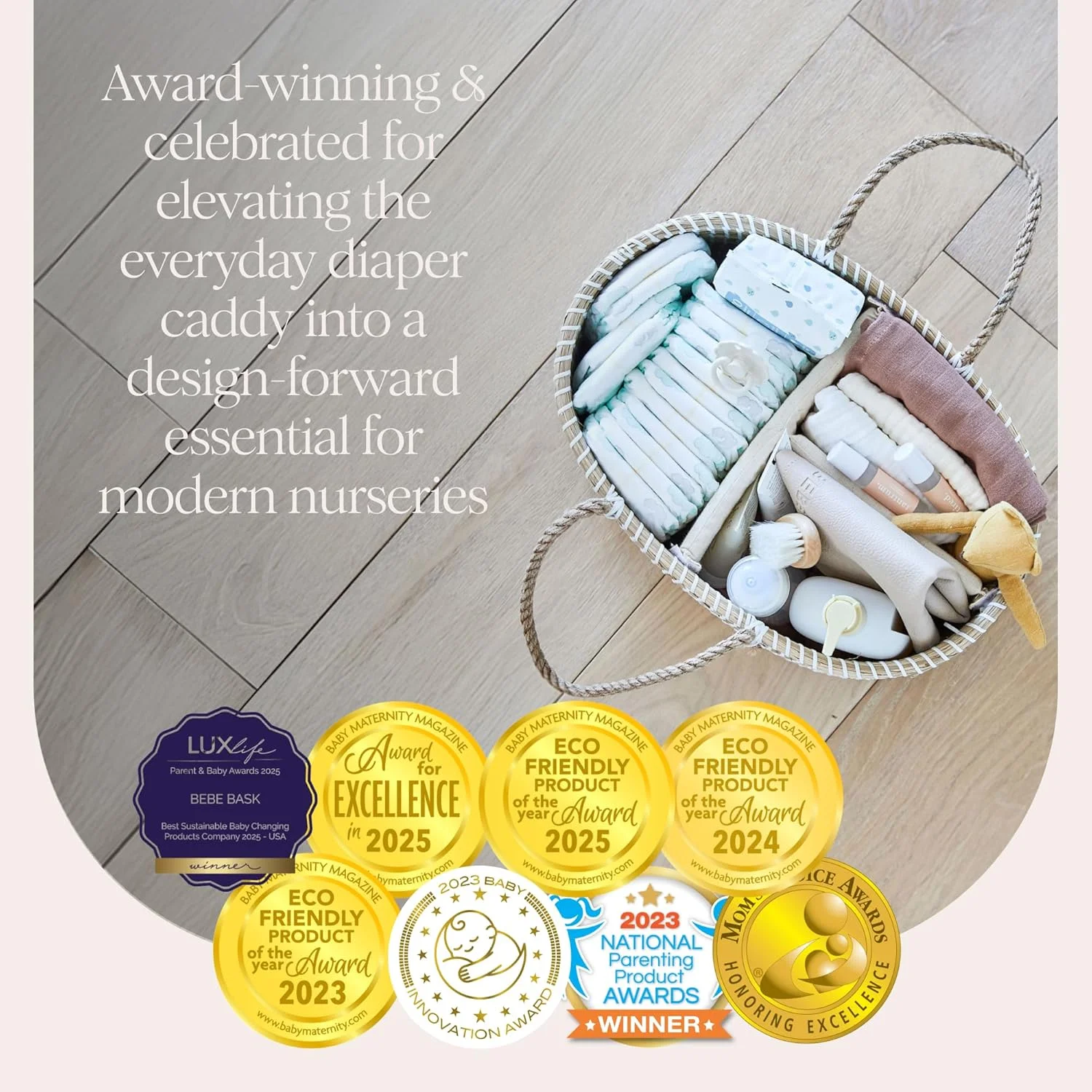 ارگانایزر سبد پوشک کودک BEBE BASK - سبد علف دریایی ارگانیک دست ساز برای نوزاد دختر و پسر - سفید لوکس (طبیعی)