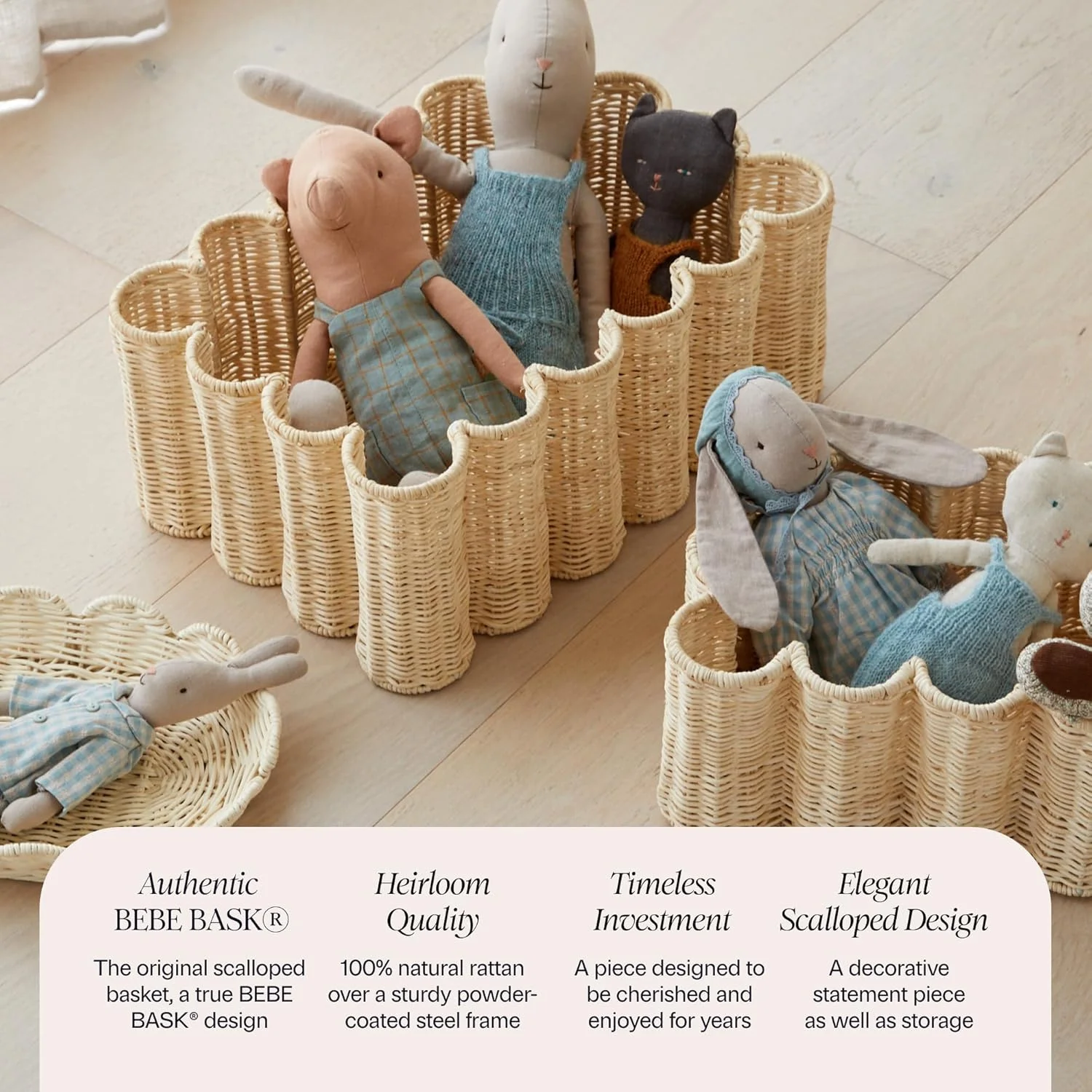 ست 2 عددی سبد حصیری موج‌دار و لبه‌دار BEBE BASK - سبد صدف - 40.64x25.4x17.78 سانتی‌متر - سبد حصیری دست‌بافت با لبه‌ی صدف‌مانند - مناسب برای اتاق کودک - (خاکی)