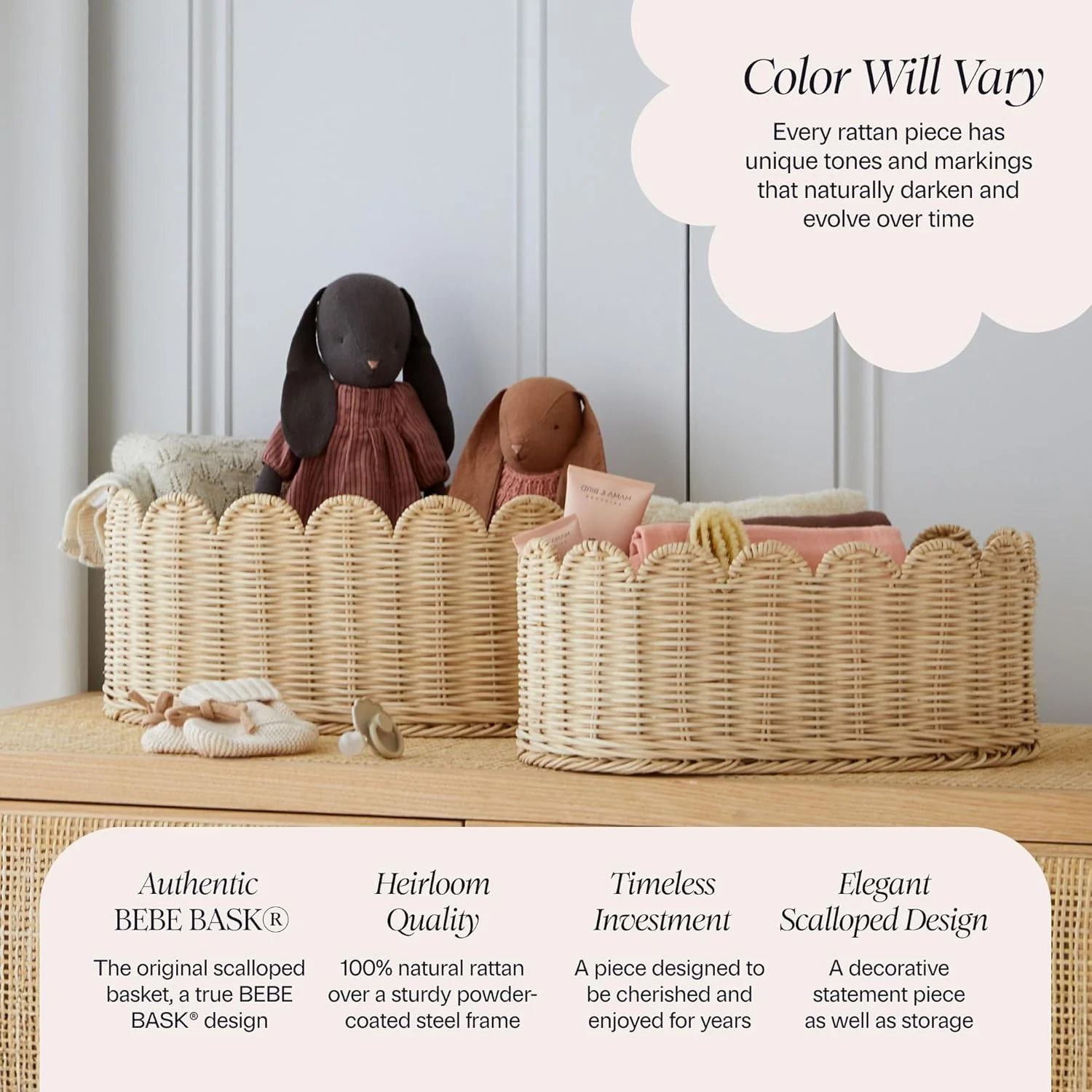 BEBE BASK ست سبد دالبری 2 عددی - سبد دالبری بافته شده دستی - 40.64x25.4x17.78 سانتی متر - سبد حصیری دالبری - سبد لبه دالبری - سبد ذخیره سازی دالبری (طبیعی)