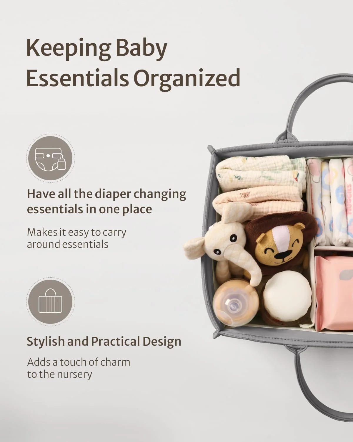 ارگانایزر سبد لوازم کودک Blissful Diary، سبد نگهداری شیک برای لوازم ضروری نوزاد و ایستگاه تعویض پوشک، هدیه ای برای سیسمونی و ضروری برای ثبت نام، خاکستری روشن