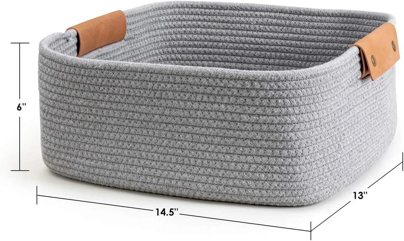 CHICVITA Rectangle Cotton Rope Woven Basket with Handles for Books, Magazines, Toys - Decorative Rectangle Basket for Baby Nursery, Living Room, Bathroom, Grey