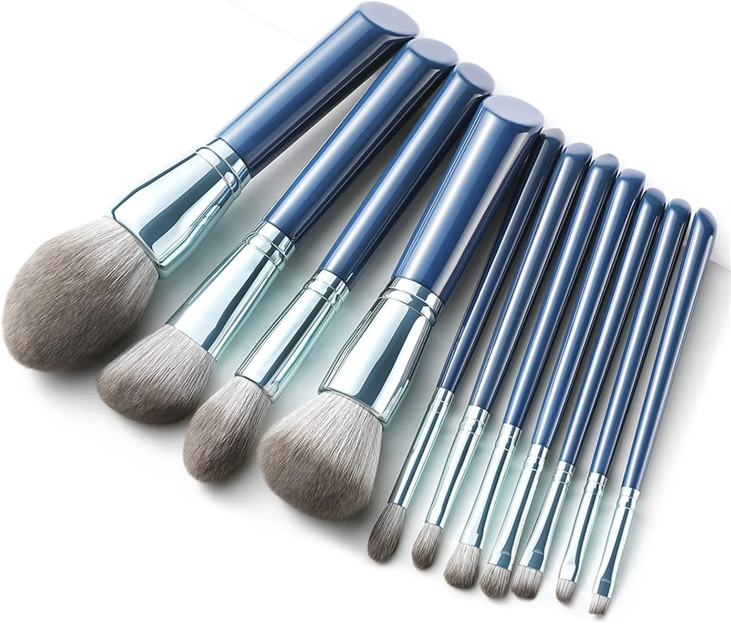 ست برس آرایشی آبی رنگ WANAM شامل برس های صورت، سایه چشم، پودر، کانسیلر، ابرو با دسته چوبی