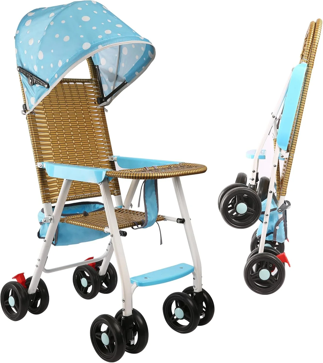 کالسکه سبک وزن، کالسکه تاشو حصیری کودک با سینی تمیز شونده آسان و سبد ذخیره سازی قابل جابجایی، کالسکه کودک طرح بامبو، خنک و تنفس پذیر (آبی)