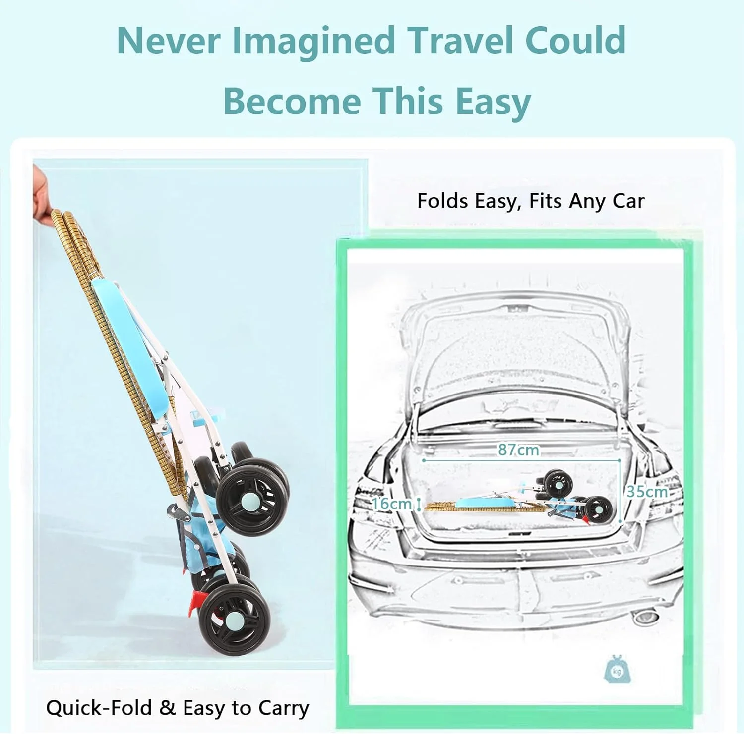 کالسکه سبک وزن، کالسکه تاشو حصیری کودک با سینی تمیز شونده آسان و سبد ذخیره سازی قابل جابجایی، کالسکه کودک طرح بامبو، خنک و تنفس پذیر (آبی)