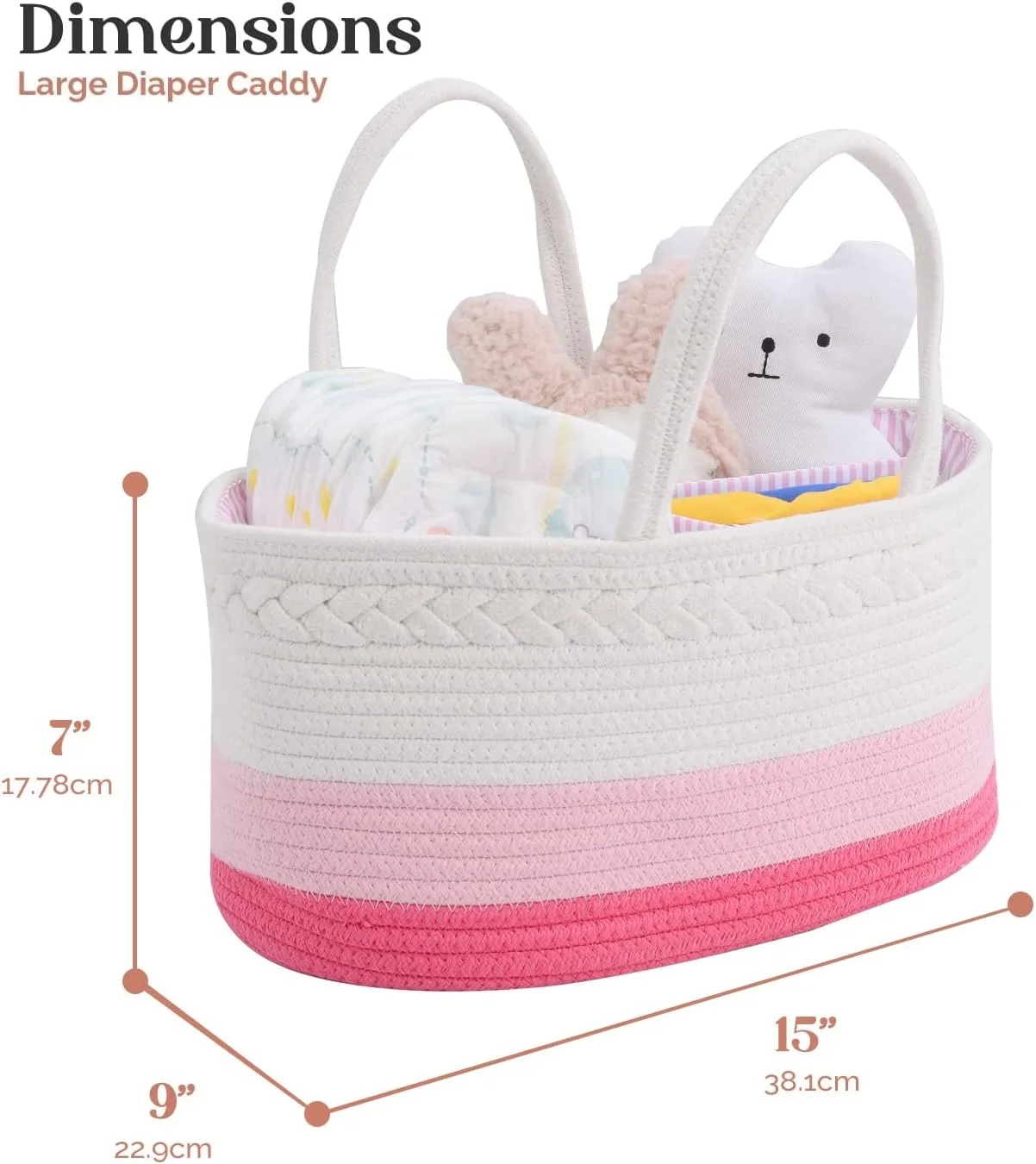 ارگانایزر لوازم کودک لوکس لیتل، سبد بزرگ طناب پنبه ای برای پوشک، ارگانایزر میز تعویض، کیف دستی قابل حمل با جداکننده، نگهداری در خودرو، هدیه سیسمونی برای نوزاد دختر - صورتی