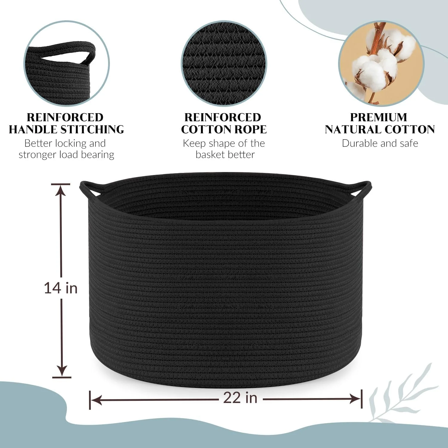 سبد پتو Maliton مناسب اتاق نشیمن، سبد طنابی پنبه ای برای نگهداری، سبد بافته شده بسیار بزرگ با جیب، سبد لباسشویی اتاق کودک 50x33 سانتی متری با دسته، سبد اسباب بازی برای نوزاد و حیوانات خانگی، مشکی