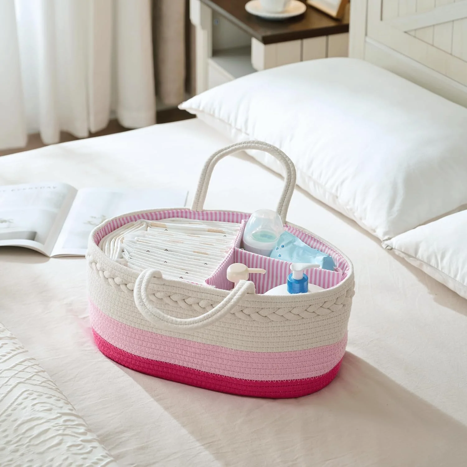 ارگانایزر لوازم کودک لوکس لیتل، سبد بزرگ طناب پنبه ای برای پوشک، ارگانایزر میز تعویض، کیف دستی قابل حمل با جداکننده، نگهداری در خودرو، هدیه سیسمونی برای نوزاد دختر - صورتی