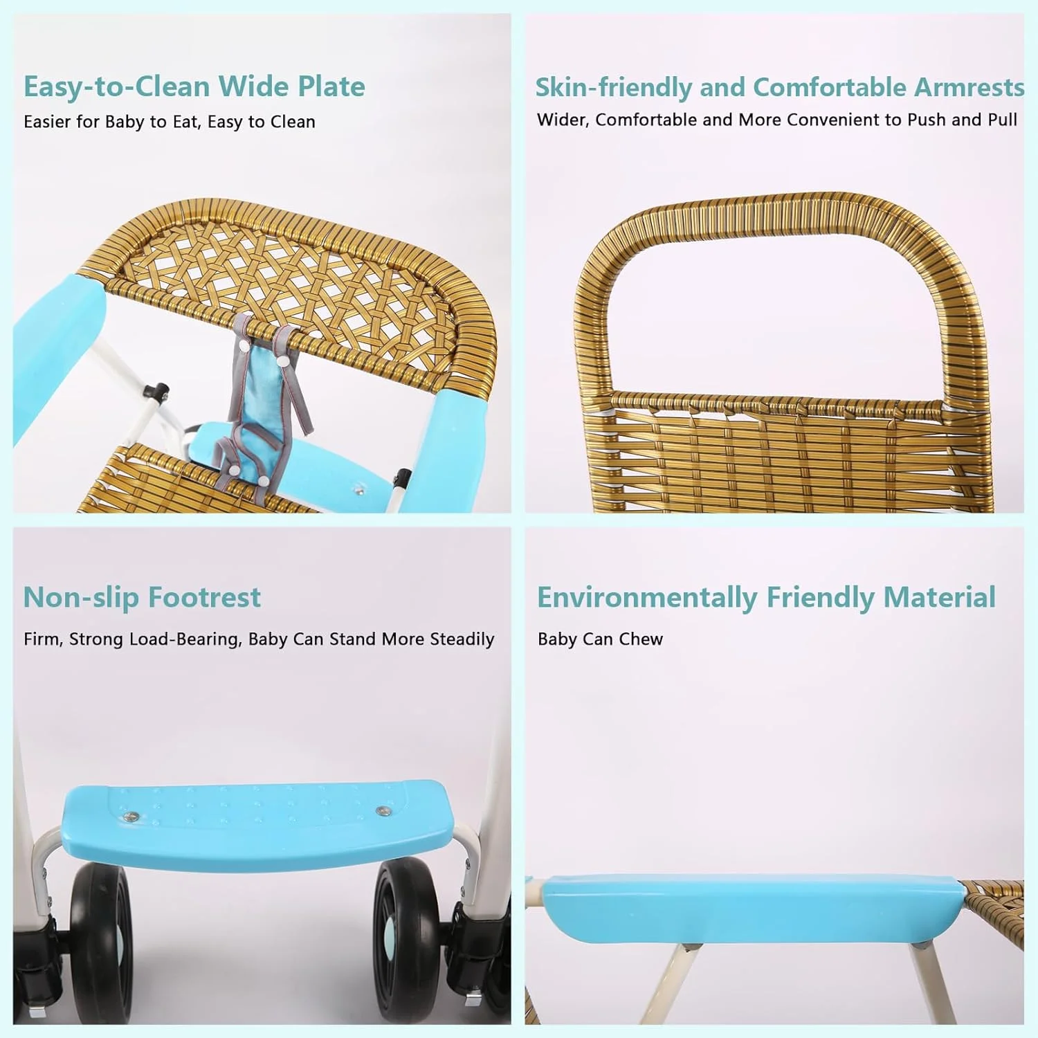 کالسکه سبک وزن، کالسکه تاشو حصیری کودک با سینی تمیز شونده آسان و سبد ذخیره سازی قابل جابجایی، کالسکه کودک طرح بامبو، خنک و تنفس پذیر (آبی)