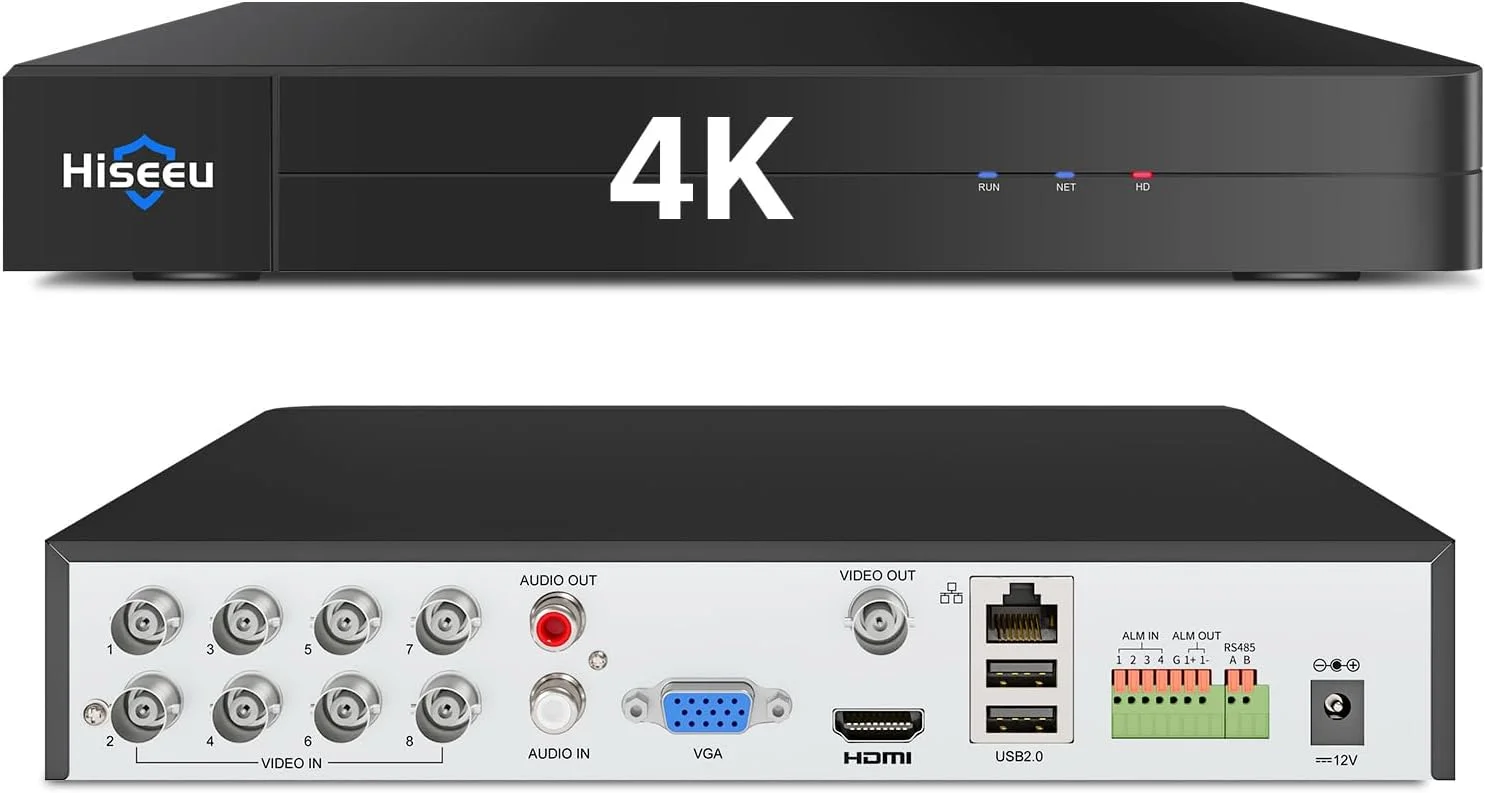 دستگاه ضبط ویدیویی دیجیتال امنیتی 8 کاناله Hiseeu 4K H.265+ DVR با تشخیص شخص و وسیله نقلیه برای دوربین مداربسته امنیتی، AHD/TVI/CVI/CVBS/IPC، دسترسی از راه دور، بدون هزینه اشتراک ماهانه، بدون هارد دیسک