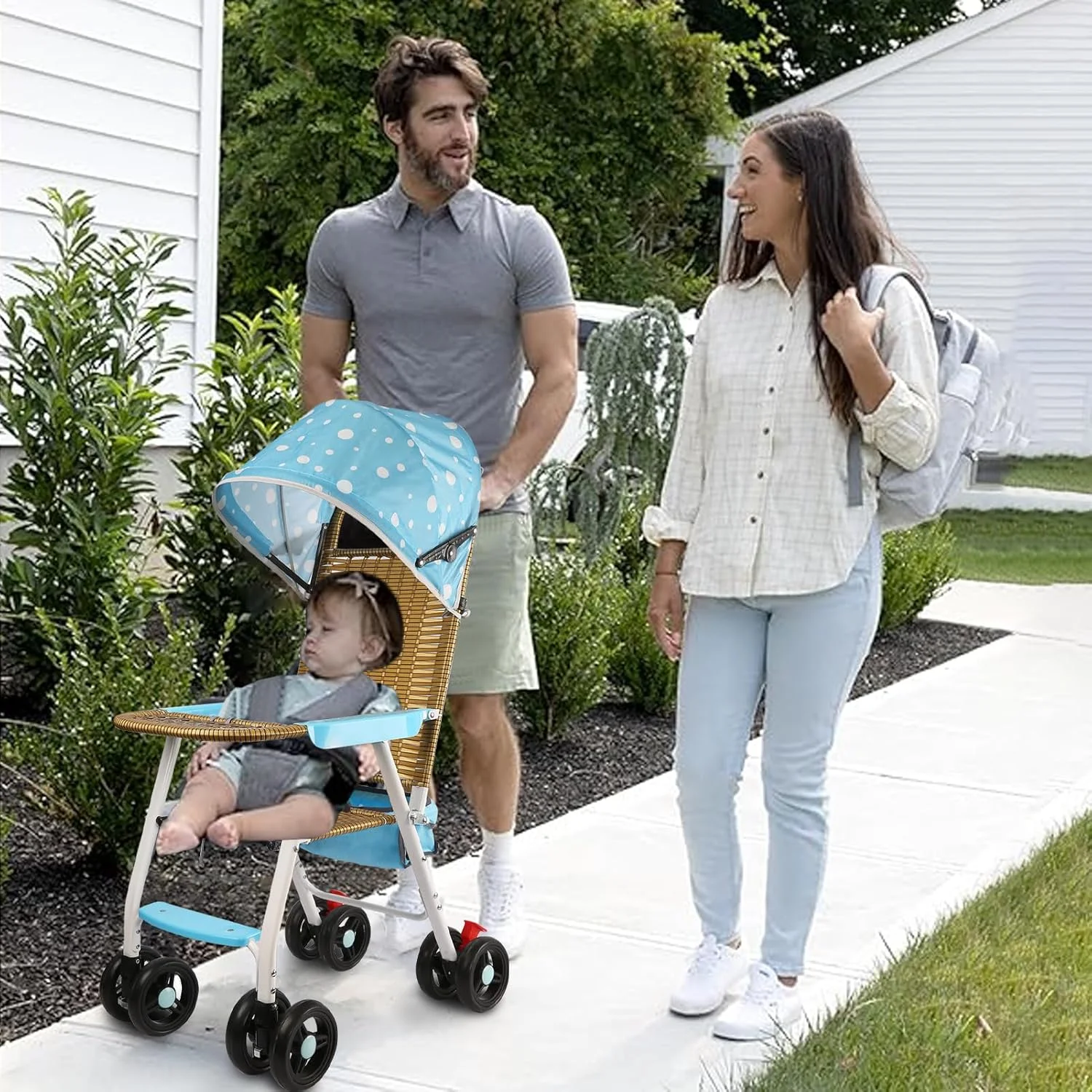 کالسکه سبک وزن، کالسکه تاشو حصیری کودک با سینی تمیز شونده آسان و سبد ذخیره سازی قابل جابجایی، کالسکه کودک طرح بامبو، خنک و تنفس پذیر (آبی)