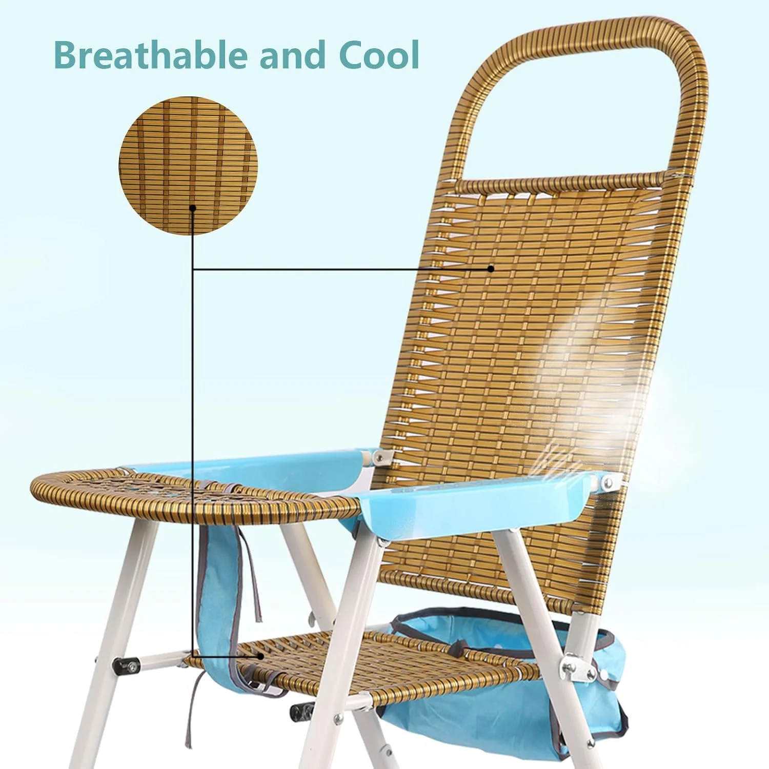 کالسکه سبک وزن، کالسکه تاشو حصیری کودک با سینی تمیز شونده آسان و سبد ذخیره سازی قابل جابجایی، کالسکه کودک طرح بامبو، خنک و تنفس پذیر (آبی)