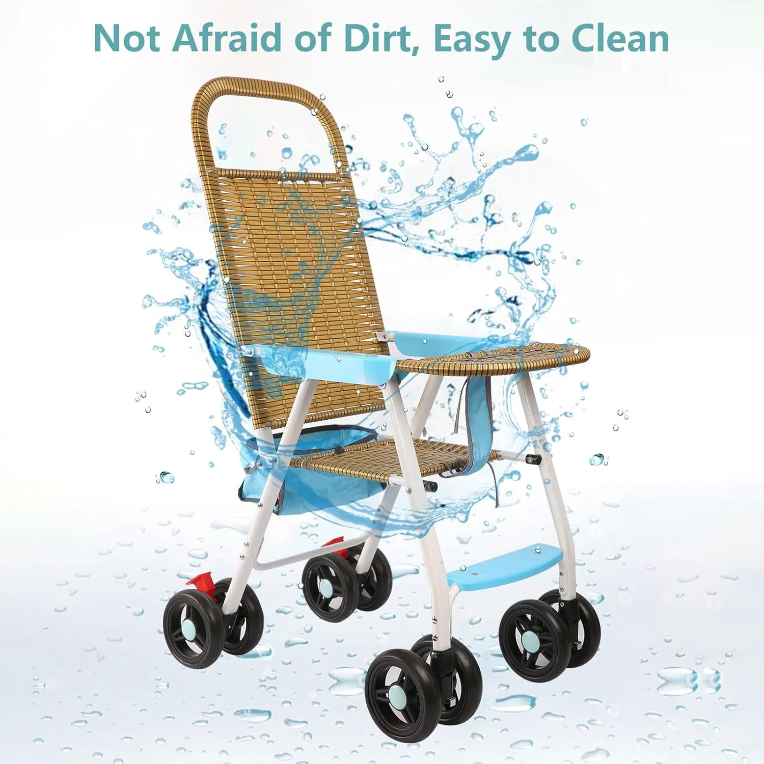 کالسکه سبک وزن، کالسکه تاشو حصیری کودک با سینی تمیز شونده آسان و سبد ذخیره سازی قابل جابجایی، کالسکه کودک طرح بامبو، خنک و تنفس پذیر (آبی)