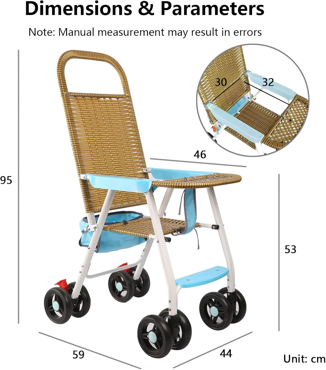 کالسکه سبک وزن، کالسکه تاشو حصیری کودک با سینی تمیز شونده آسان و سبد ذخیره سازی قابل جابجایی، کالسکه کودک طرح بامبو، خنک و تنفس پذیر (آبی)