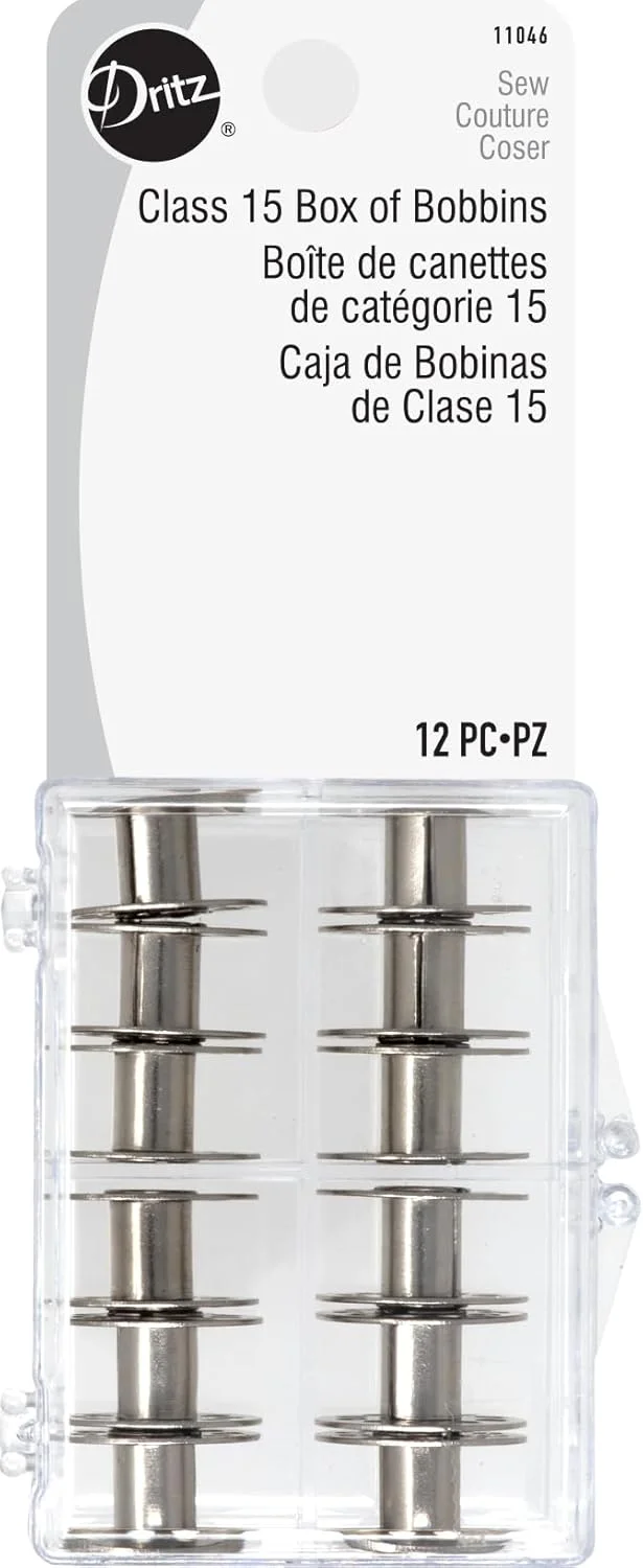 Dritz Class 15 Reusable Storage Box, 12 Count, Metal Bobbins, Silver