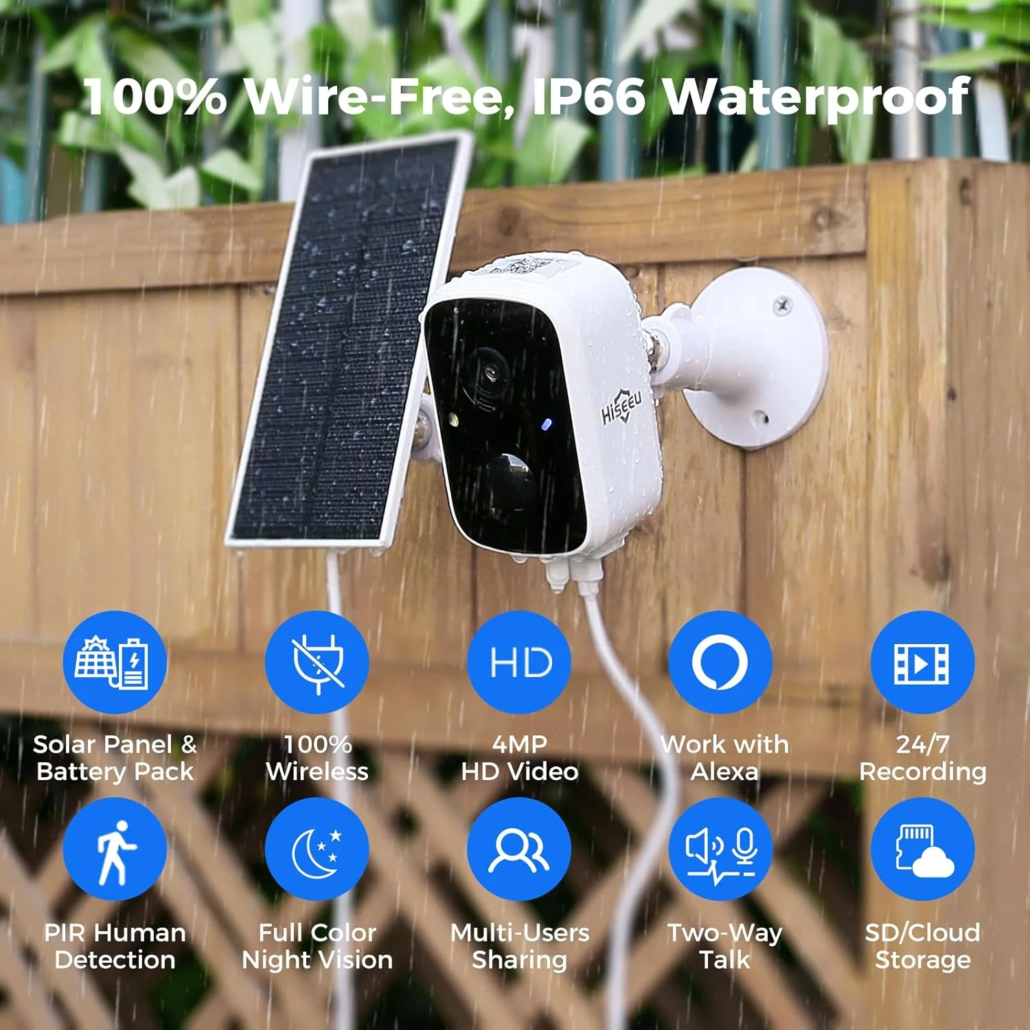 دوربین امنیتی خورشیدی Hiseeu برای فضای باز، بسته 3 عددی دوربین های هوشمند وای فای بی سیم 3K 4MP برای امنیت خانه در فضای باز، تشخیص حرکت PIR/AI، ضد آب، دید در شب رنگی، صدای دو طرفه