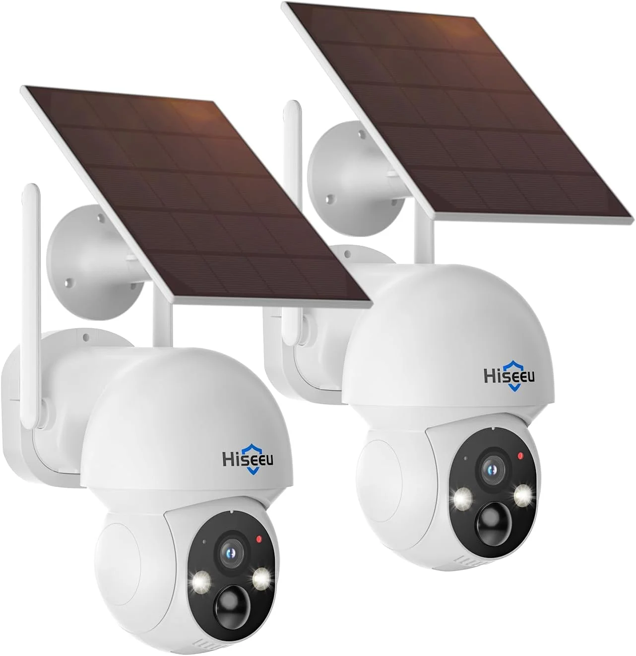دوربین امنیتی خورشیدی Hiseeu، دوربین وای فای بی سیم 4 مگاپیکسلی 2 عددی برای فضای باز، دید 360 درجه PTZ، تشخیص حرکت PIR، دید در شب رنگی، IP66، صدای دو طرفه، وای فای 2.4G، بدون هزینه اشتراک ماهانه