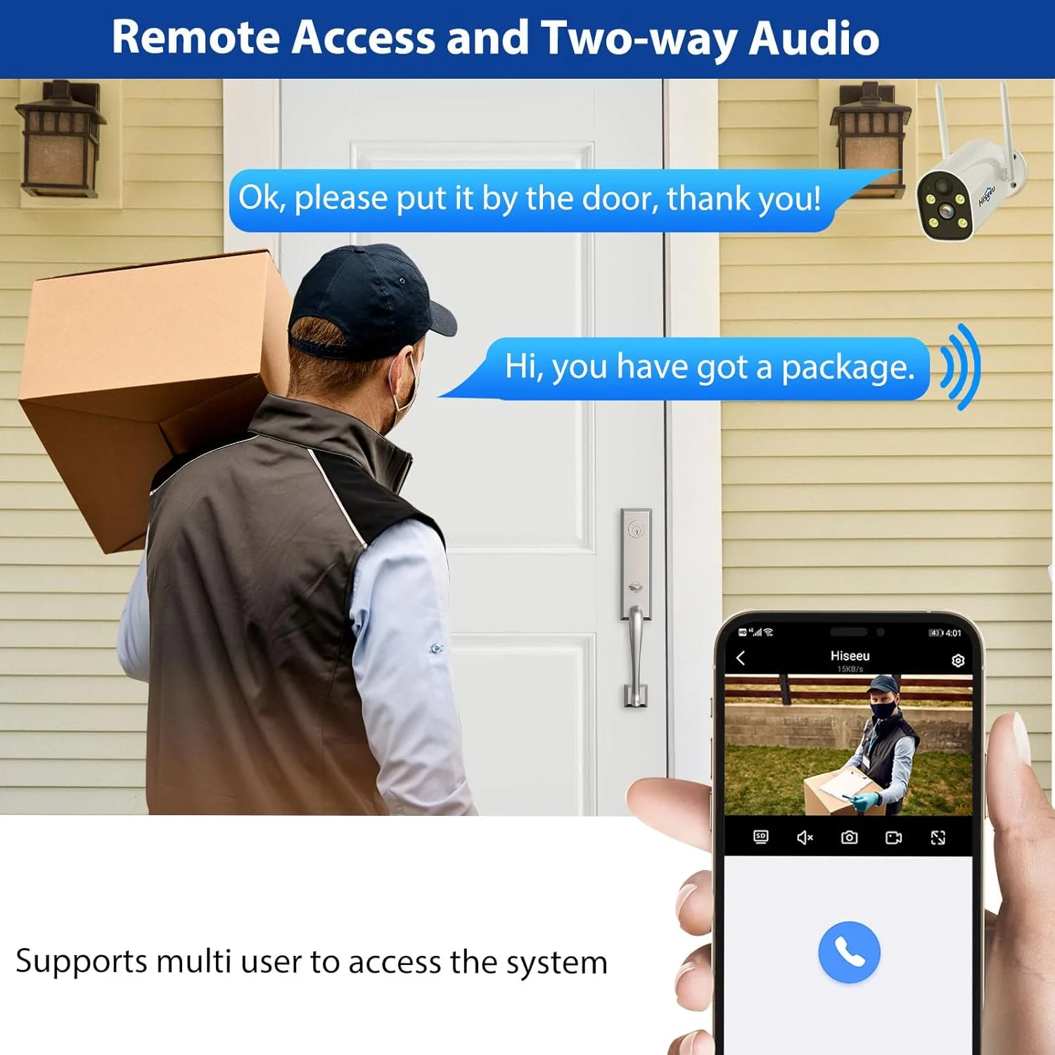 دوربین امنیتی بیسیم 2.5K هایسیو با باتری خورشیدی 4 مگاپیکسلی، دوربین وای فای شارژی دو طرفه مناسب فضای باز، دید در شب رنگی، آژیر/نورافکن، تشخیص حرکت، ذخیره سازی SD/Cloud، سازگار با الکسا