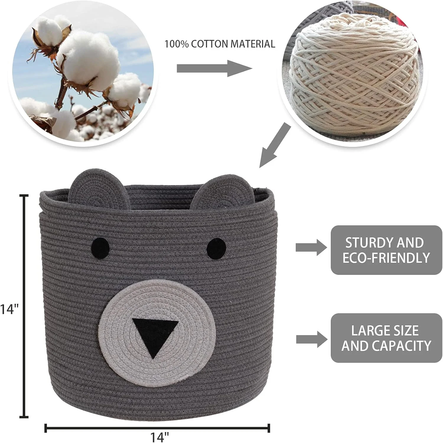 سبد طنابی خرس VK·LIVING، سبد بافتنی تاشو بزرگ برای اسباب بازی، پتو و لباس کودک، مناسب اتاق خواب و نشیمن، سایز بزرگ 38x38x45 خاکستری سبد طنابی خرس VK·LIVING، سبد بافتنی تاشو بزرگ برای اسباب بازی، پتو و لباس کودک، مناسب اتاق خواب و نشیمن، سایز بزرگ 38x38x45 خاکستری