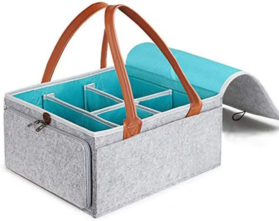 HINMAY Large Diaper Caddy Organizer Baby Nursery Storage Basket with Zipper Lid and Leather Handle, Wipes Stacker Bin Holder - 38 x 25 x 18 cm