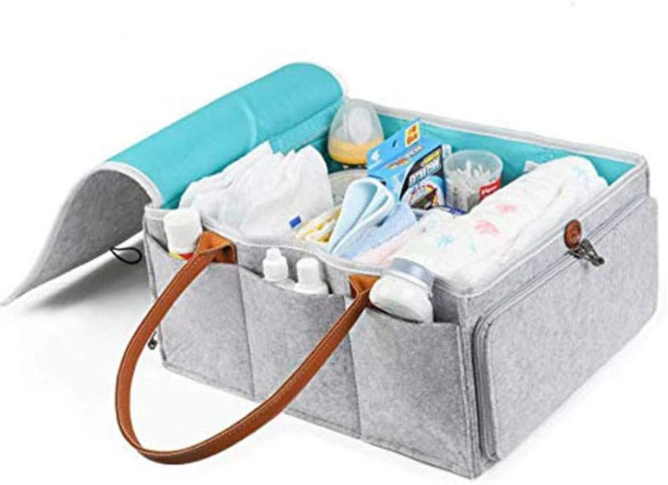 HINMAY Large Diaper Caddy Organizer Baby Nursery Storage Basket with Zipper Lid and Leather Handle, Wipes Stacker Bin Holder - 38 x 25 x 18 cm HINMAY Large Diaper Caddy Organizer Baby Nursery Storage Basket with Zipper Lid and Leather Handle, Wipes Stacker Bin Holder - 38 x 25 x 18 cm