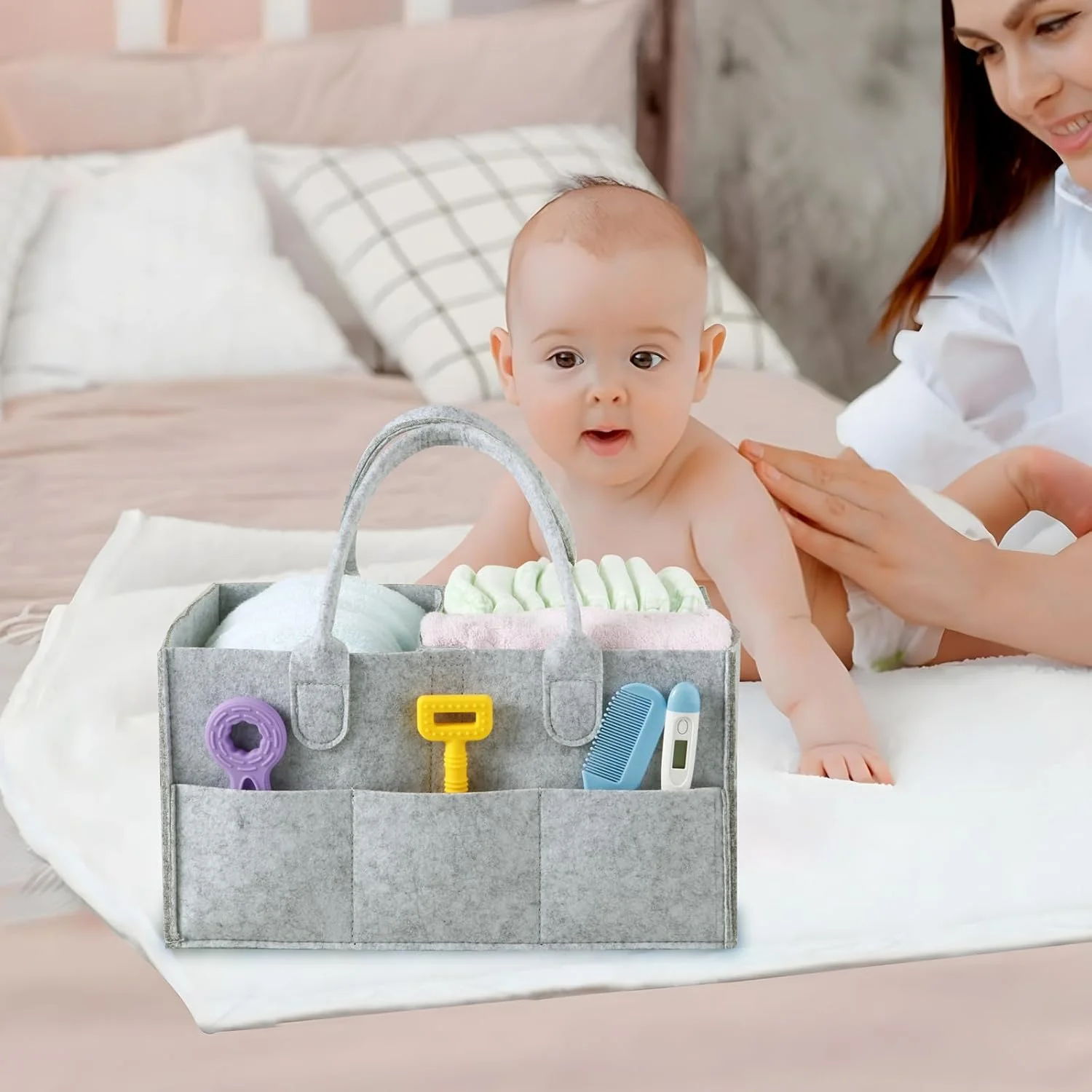 ارگانایزر لوازم کودک PandaEar، سبد ذخیره سازی قابل حمل برای پوشک و لوازم نوزاد، ارگانایزر تاشو با طراحی تقسیم شده (خاکستری)