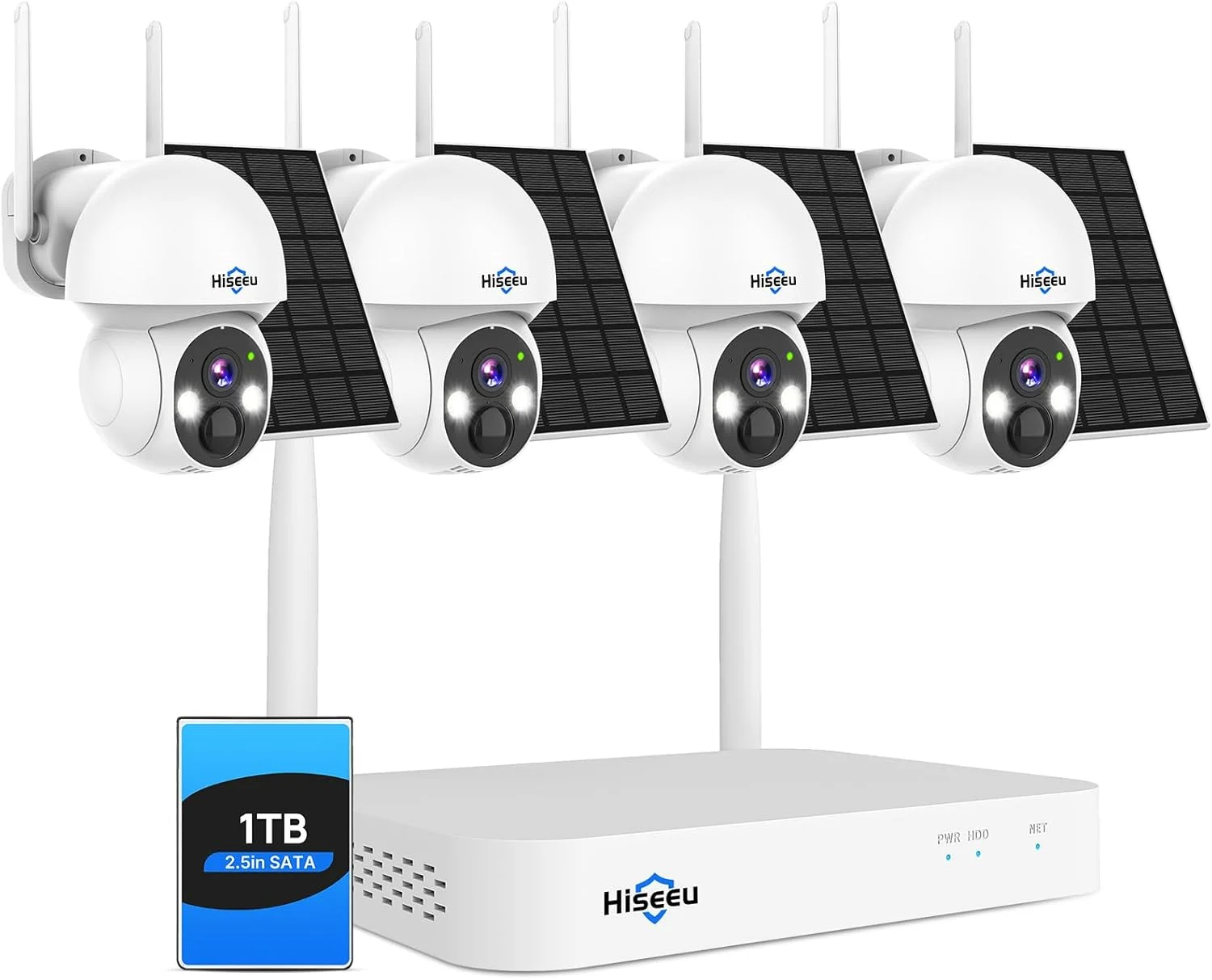 سیستم دوربین خورشیدی بی سیم Hiseeu برای فضای باز، 4 عدد دوربین باتری دار 4 مگاپیکسلی برای خانه با هارد 1 ترابایتی، دید 360 درجه PTZ، تشخیص حرکت PIR، دید در شب رنگی، IP66، صدای دو طرفه، وای فای 2.4G، بدون هزینه اشتراک ماهانه