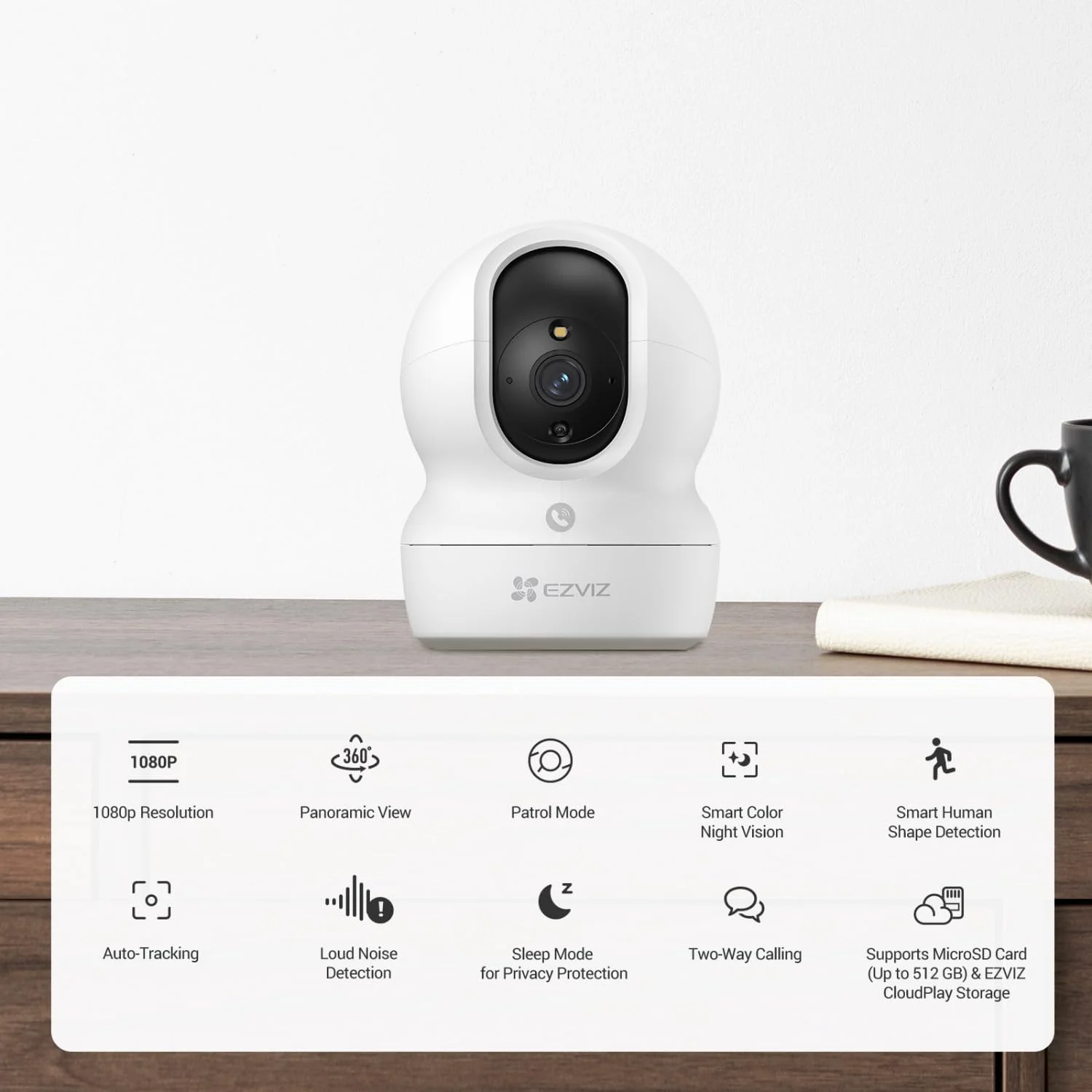 دوربین امنیتی EZVIZ مدل CP1 Pro، دوربین داخلی 2 مگاپیکسلی، دوربین مداربسته 360 درجه برای خانه، دوربین مراقبت از کودک با دید در شب رنگی، تشخیص شکل انسان و صدای بلند، ردیابی خودکار، مکالمه دو طرفه، حالت خواب و گشت زنی