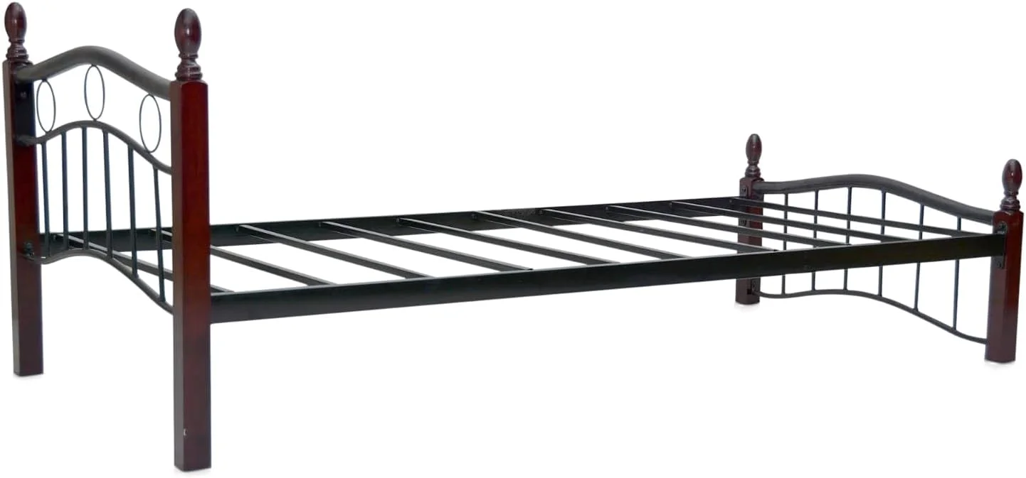 تخت خواب یک نفره بادوام چوبی و فولادی سولشا مناسب منزل، قهوه ای، 90x190 به همراه تشک