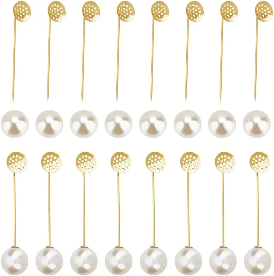 KASTWAVE 50 Golden Tray Pins with Imitation Pearl Beads for Men and Women Suit Tie Hat Scarf DIY Accessories
