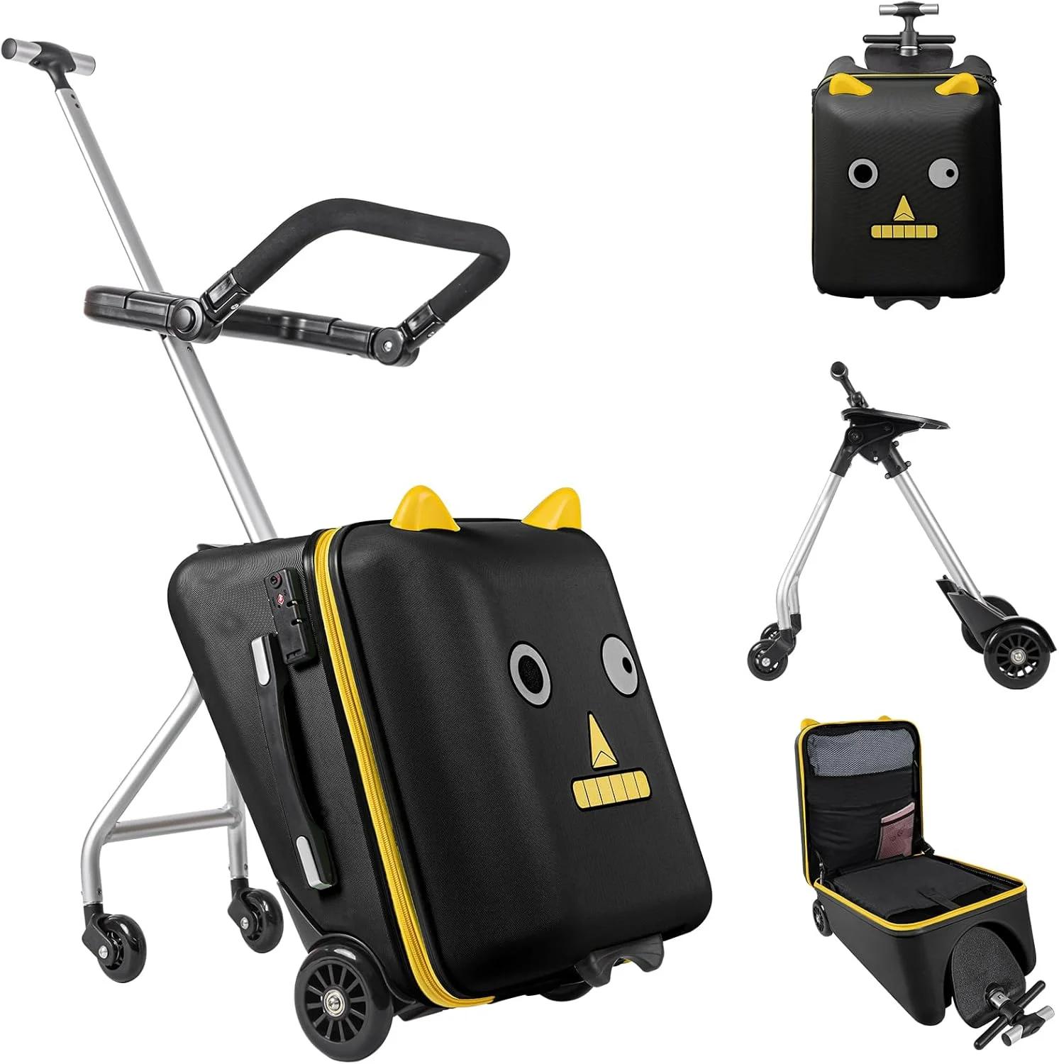 Aseasimlestore Ride on Suitcase for Kids, 20 inch Hardside Kids Luggage Ride on,Large Suitcases with Child Seat Design with 4 Universal Wheels Help Your Child Travel, Gift as Kids(Black)