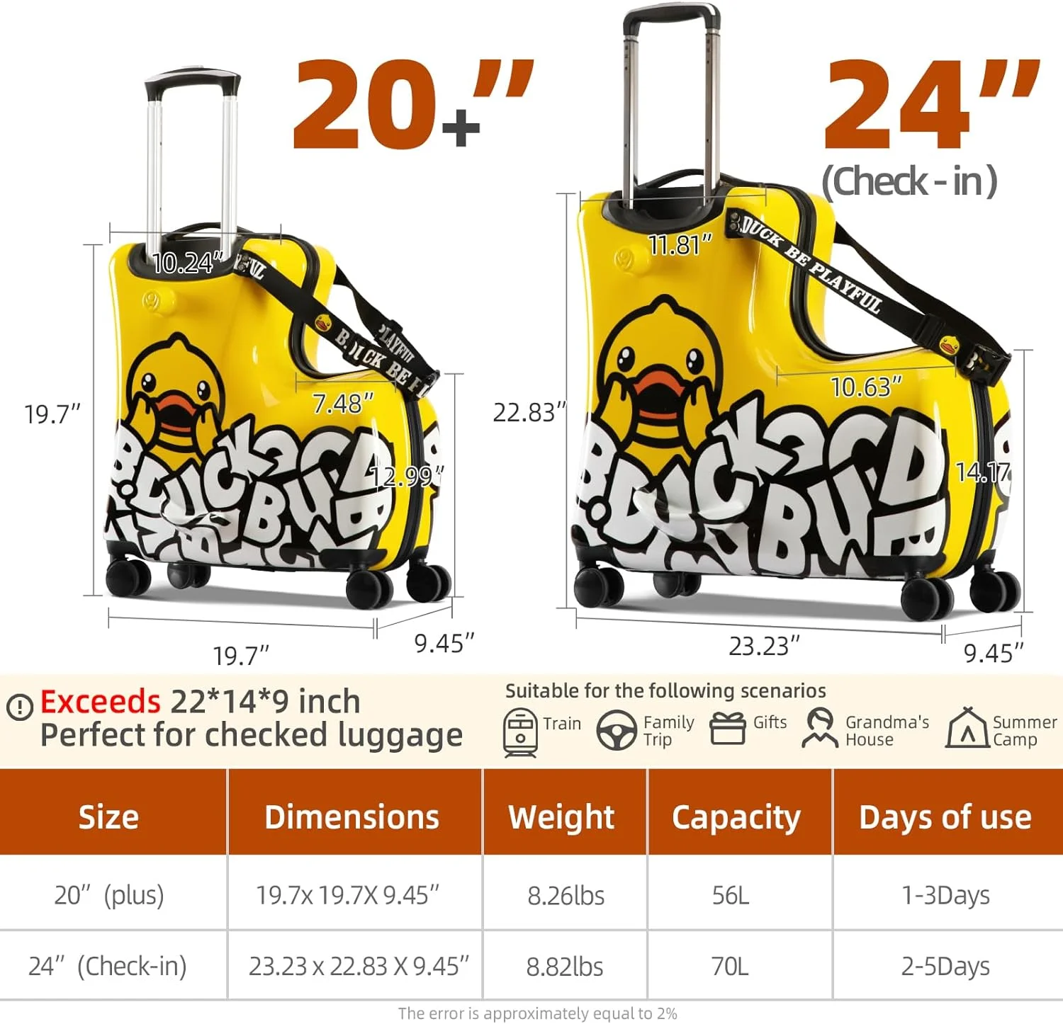 چمدان چرخدار کودکانه AO WEI LA OW مناسب دختران و پسران، چمدان چرخدار سخت کودکانه برای کودکان نوپا، سایز 21 اینچ مناسب سنین 2 تا 6 سال، زرد