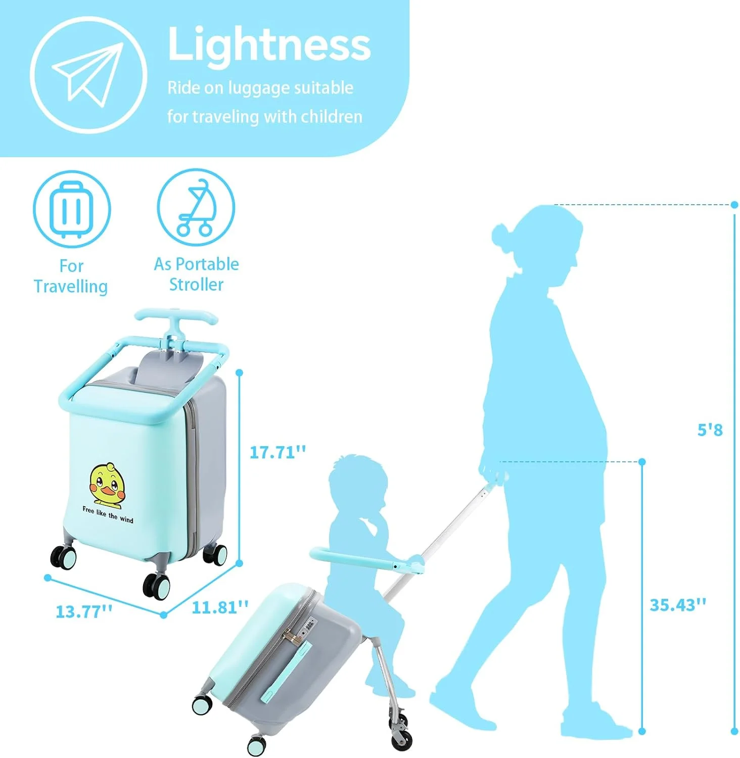 چمدان کودکانه آ اودی مدل Ride-able 2 در 1، چمدان ترولی جداشدنی با 6 چرخ جهانی، چمدان سفری سایز 20 اینچ با طراحی صندلی کودک - حداکثر ظرفیت 50 کیلوگرم، آبی، متوسط، سواری