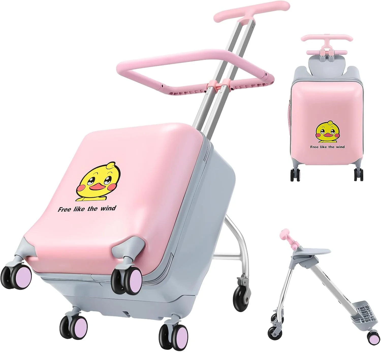 چمدان کودکانه آئودی مدل 2 در 1، چمدان ترولی جداشدنی با 6 چرخ جهانی، چمدان سفری سایز 20 اینچ با طراحی صندلی کودک - صورتی، مدیوم، سوارشدنی