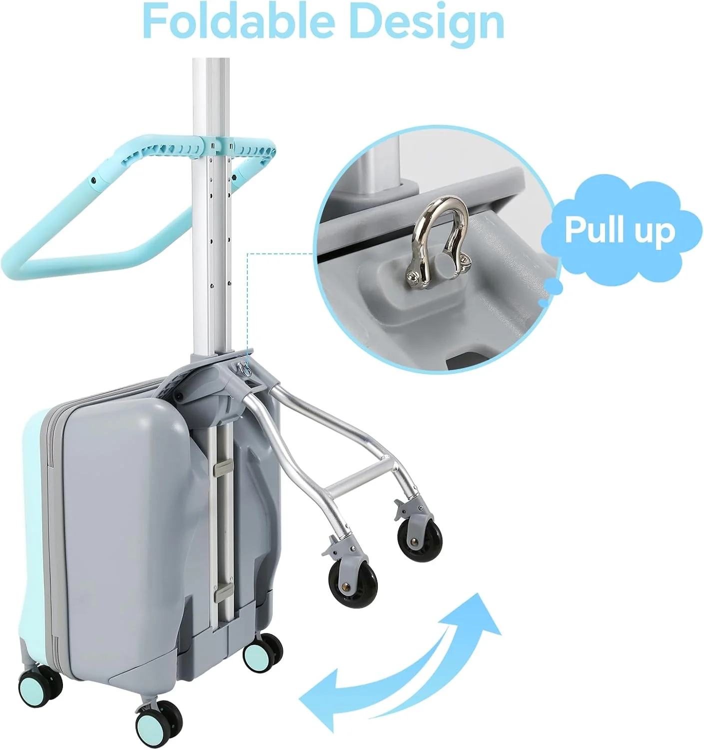 چمدان کودکانه آ اودی مدل Ride-able 2 در 1، چمدان ترولی جداشدنی با 6 چرخ جهانی، چمدان سفری سایز 20 اینچ با طراحی صندلی کودک - حداکثر ظرفیت 50 کیلوگرم، آبی، متوسط، سواری