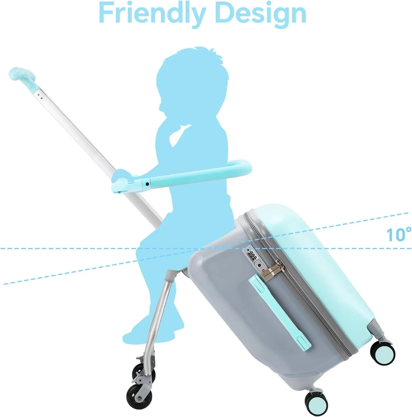 چمدان کودکانه آ اودی مدل Ride-able 2 در 1، چمدان ترولی جداشدنی با 6 چرخ جهانی، چمدان سفری سایز 20 اینچ با طراحی صندلی کودک - حداکثر ظرفیت 50 کیلوگرم، آبی، متوسط، سواری