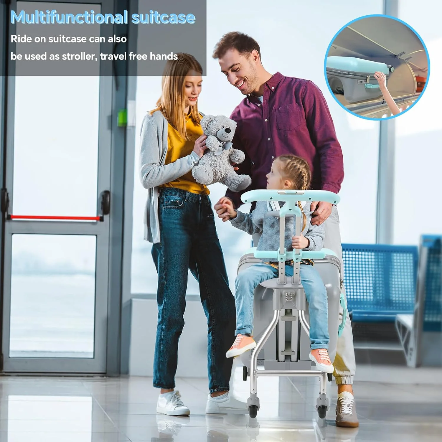 چمدان کودکانه آ اودی مدل Ride-able 2 در 1، چمدان ترولی جداشدنی با 6 چرخ جهانی، چمدان سفری سایز 20 اینچ با طراحی صندلی کودک - حداکثر ظرفیت 50 کیلوگرم، آبی، متوسط، سواری