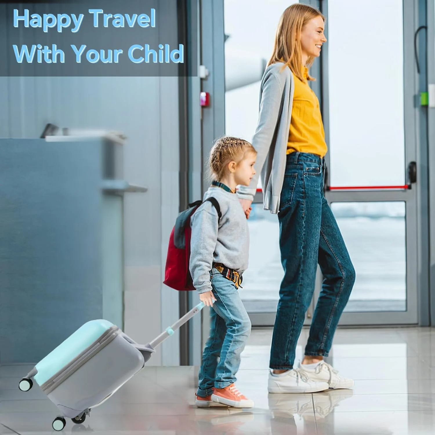 چمدان کودکانه آ اودی مدل Ride-able 2 در 1، چمدان ترولی جداشدنی با 6 چرخ جهانی، چمدان سفری سایز 20 اینچ با طراحی صندلی کودک - حداکثر ظرفیت 50 کیلوگرم، آبی، متوسط، سواری