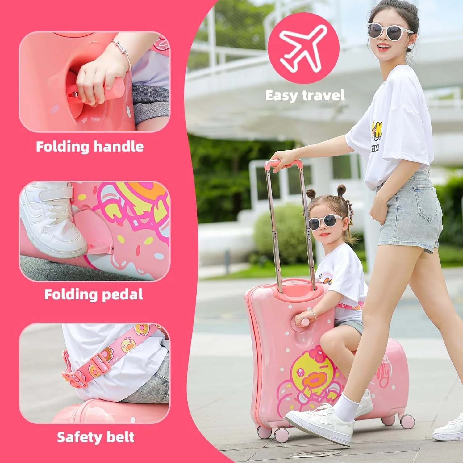 چمدان چرخدار سبک وزن کودکانه AO WEI LA OW با چرخ های اسپینر و طراحی تاشو، صورتی، 20 اینچ + مناسب کودکان 1 تا 3 ساله، طرح دونات صورتی