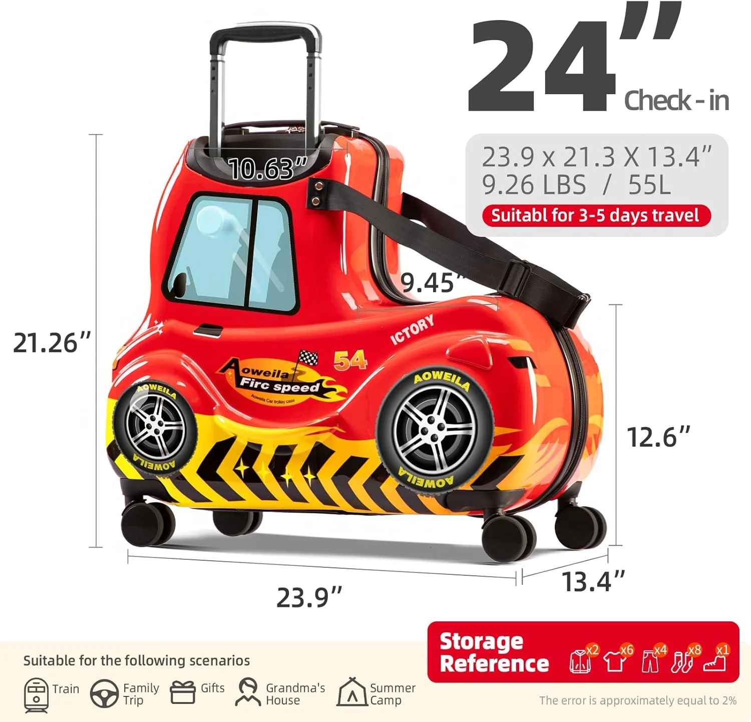 چمدان چرخ دار کودکانه AO WEI LA OW مناسب برای کودکان 3 تا 12 ساله (ماشین قرمز سایز بزرگ 25 اینچ)