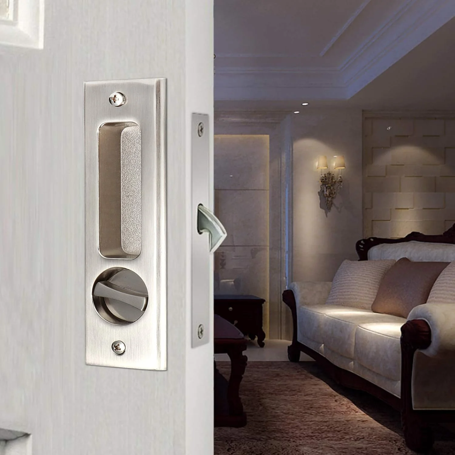 کیت قفل کشویی درب آلیاژ روی Fafeicy با سیلندر قفل برای اطمینان از امنیت درب های کابینت بالکن حمام، نقره ای برس خورده، ضخامت 35-40 میلی متر (مربع مشکی تکی (#2))