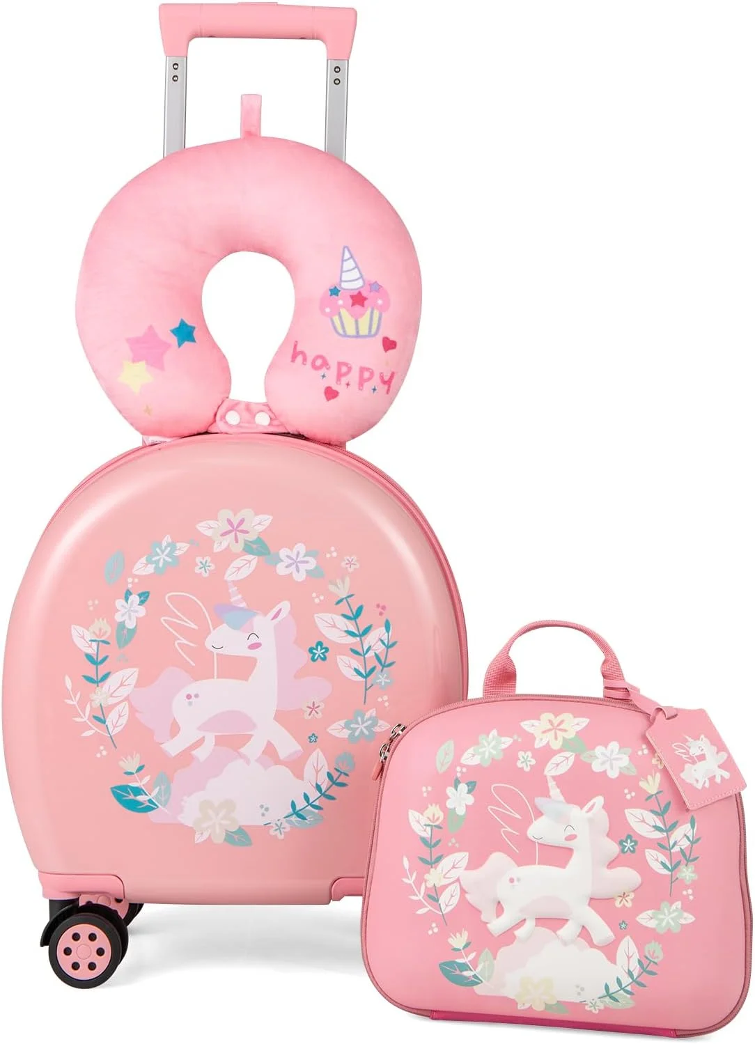 چمدان کودک بیبی جوی، ست 4 تکه چمدان چرخ دار 14 اینچی کودک به همراه کوله پشتی هاردشل، بالش گردنی و کارت اسم برای سفر آسان کودکان نوپا، چمدان کودکانه برای دختران و پسران